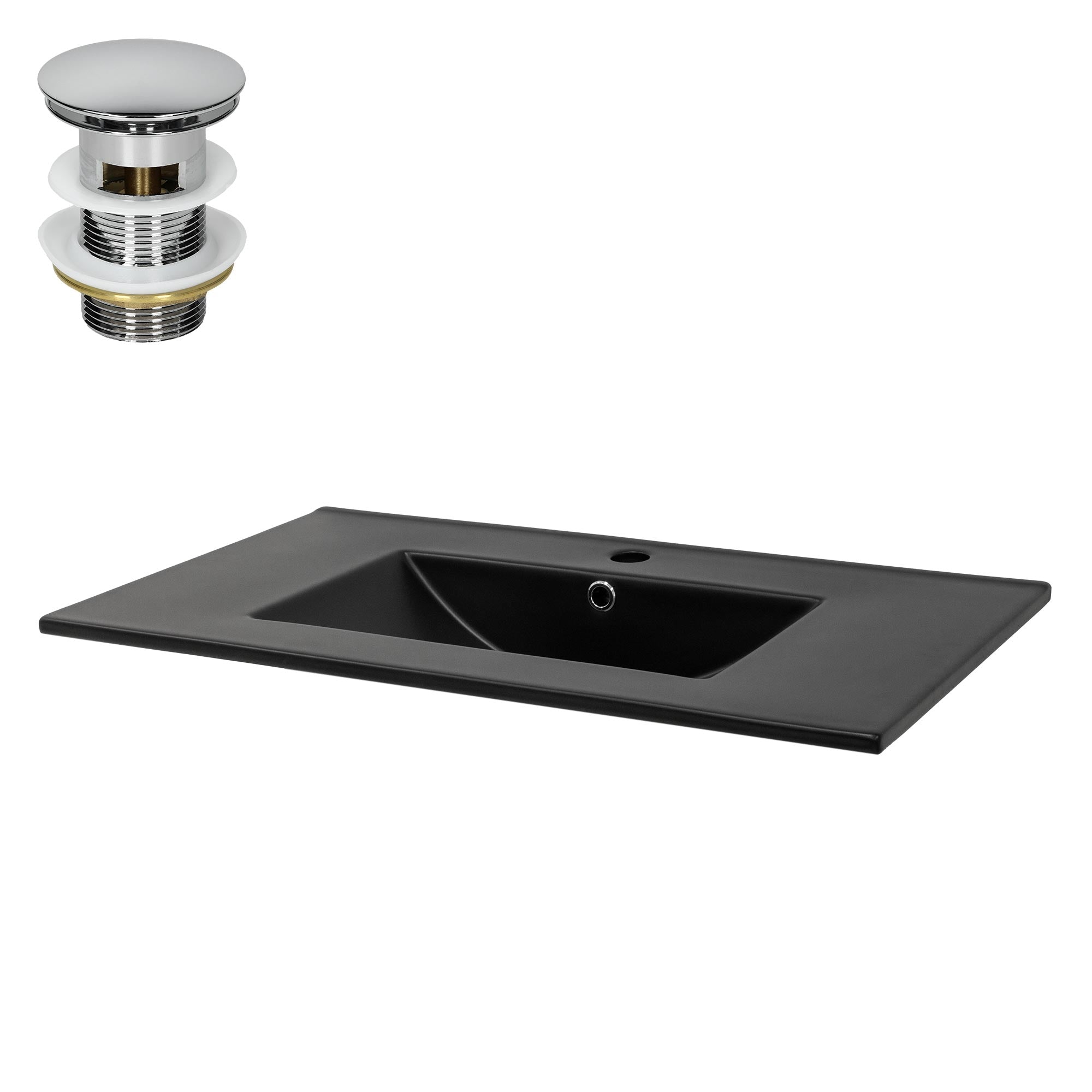 Black sink with rounded edges and drain valve.