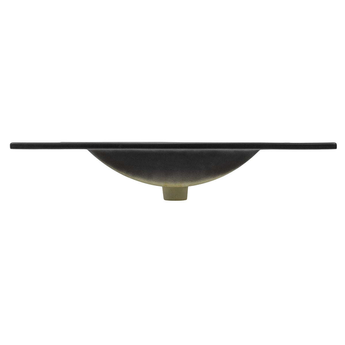 Schwarze, flache Schale mit einem zentralen Abfluss.