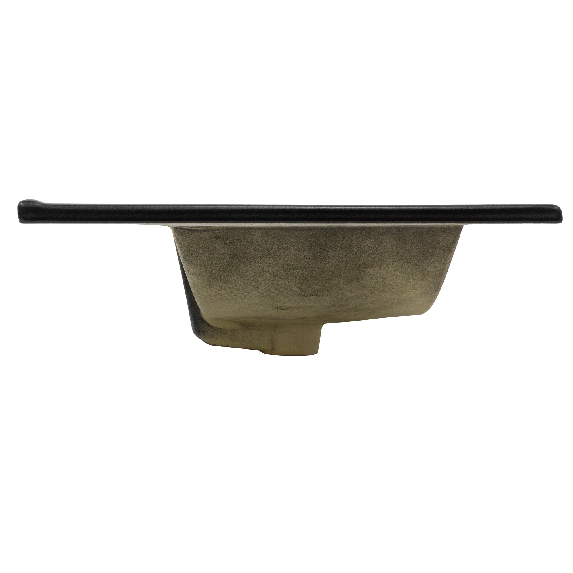 Black sink with rounded edges on a light background.
