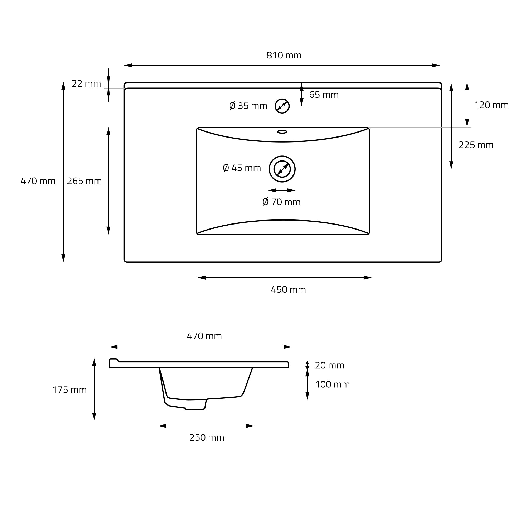 Technical drawing of a sink with dimensions.