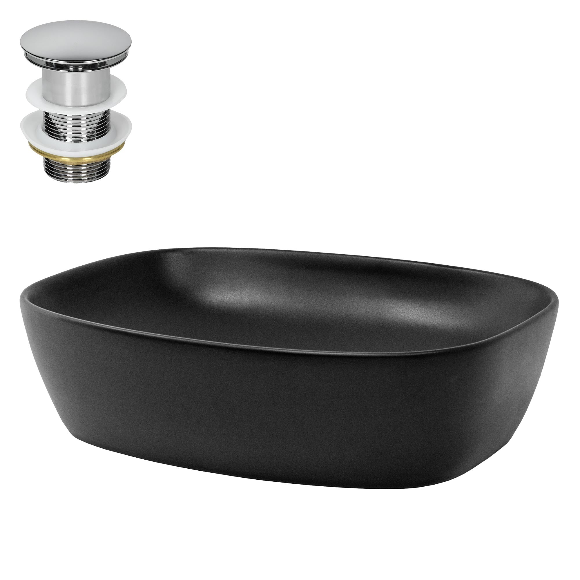 Schwarze Waschschüssel mit Abfluss und glänzendem Abflussstopfen.