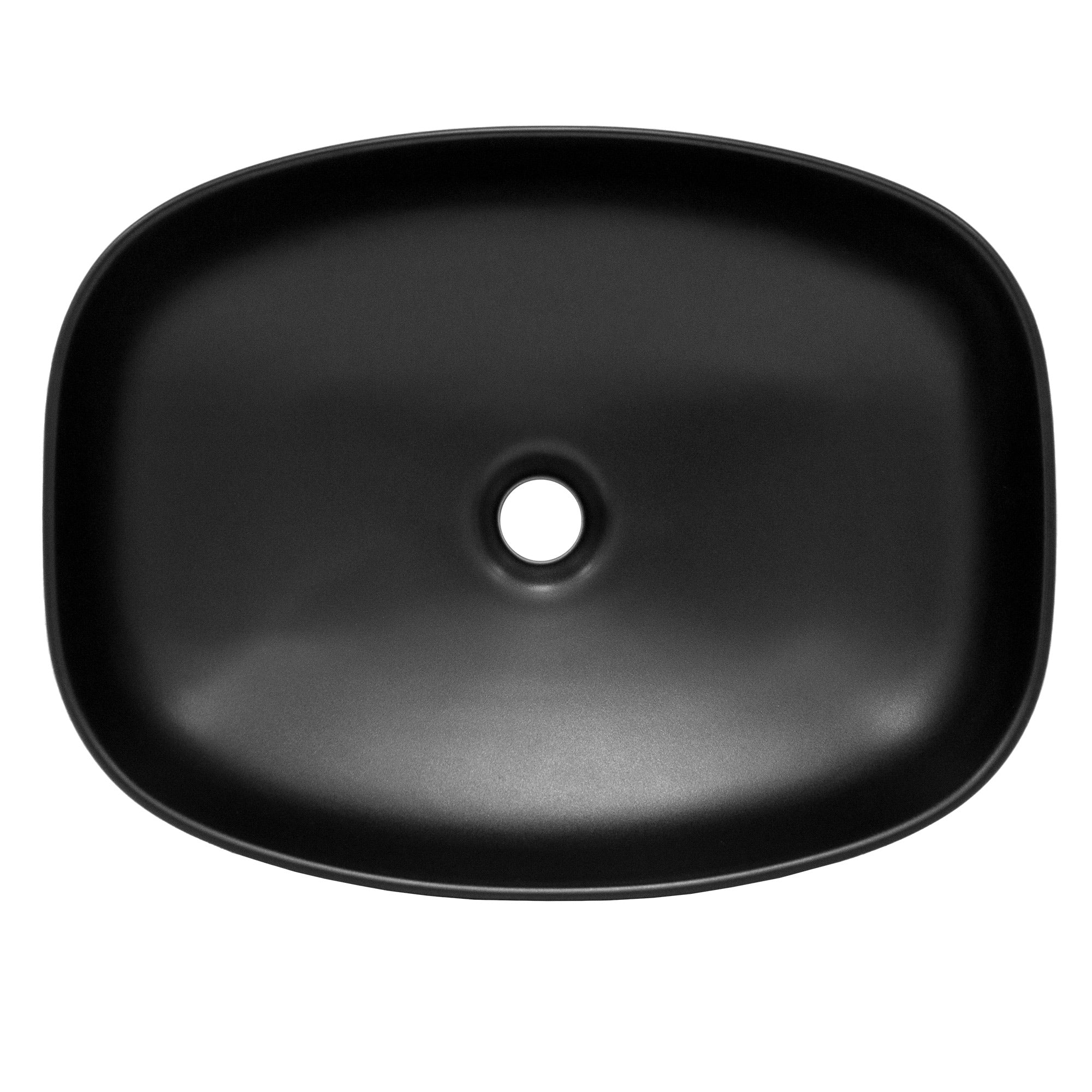 Schwarzes, ovales Waschbecken mit einem Abflussloch in der Mitte.