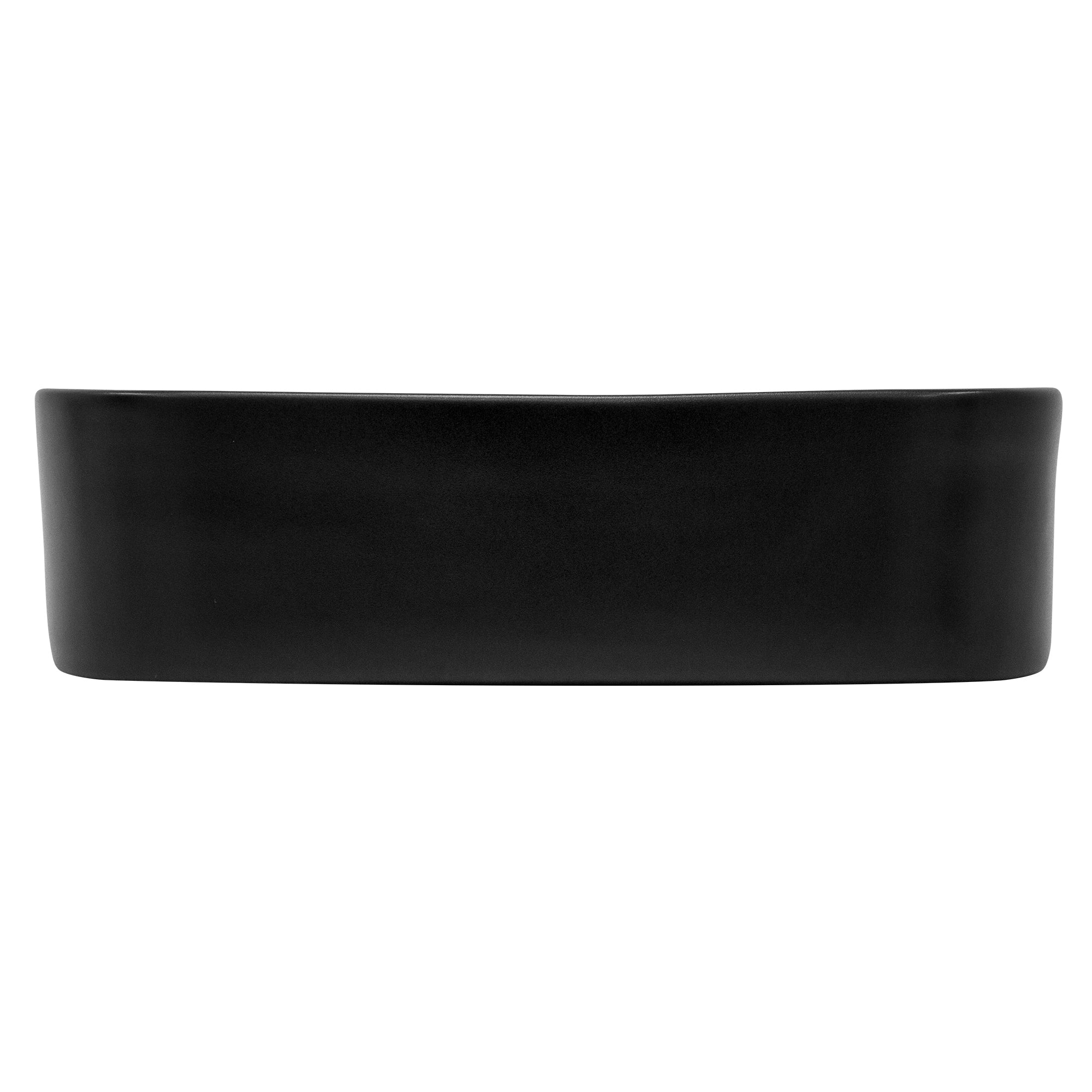 Black flat bowl viewed from the side.