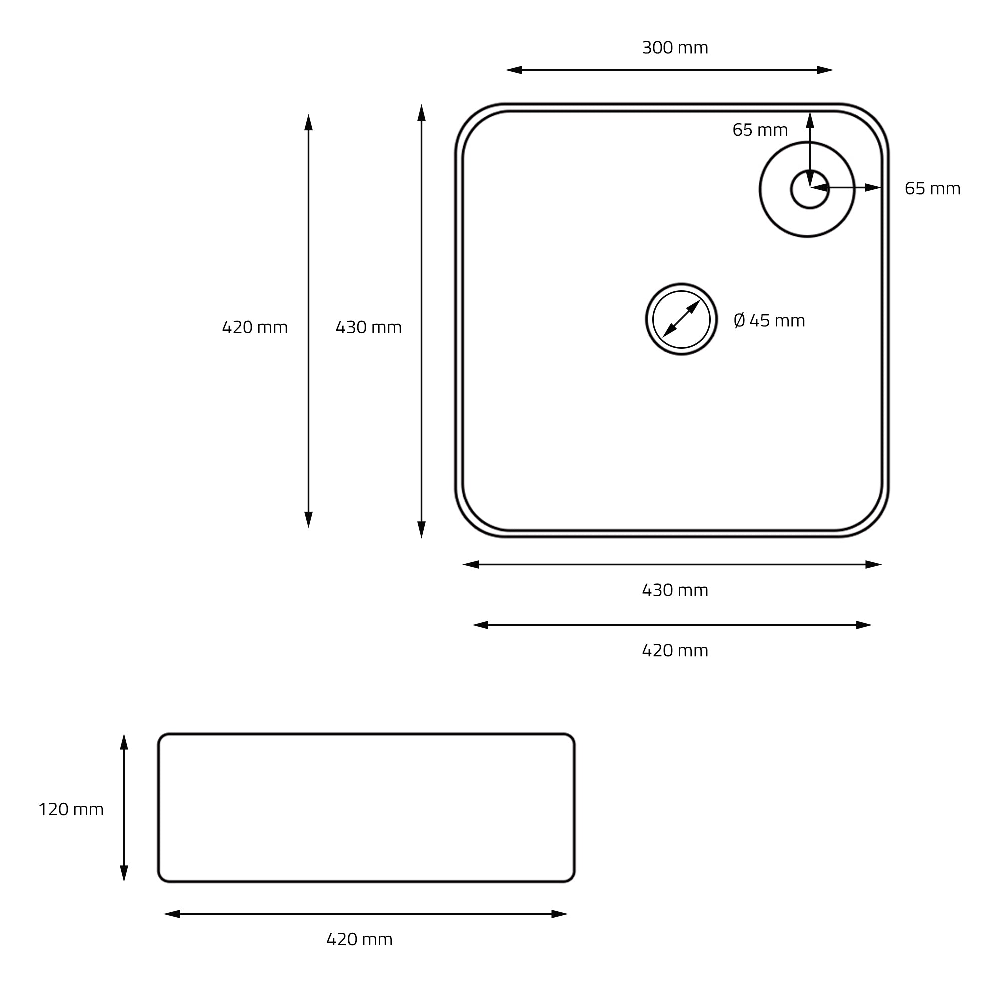 Technical drawing of a square sink with dimensions.