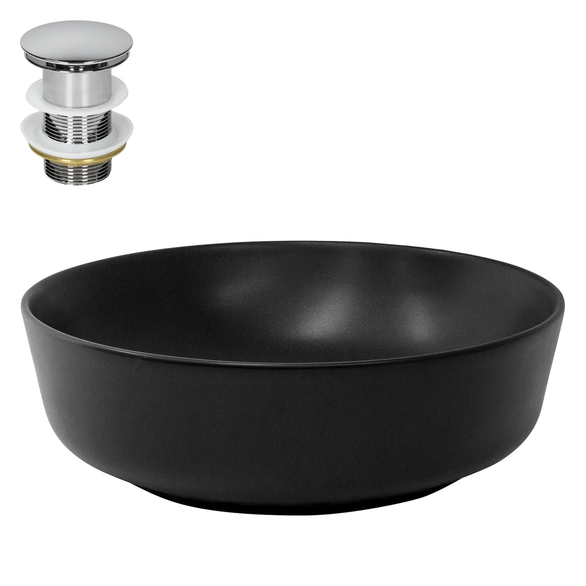Black round sink with drain valve.