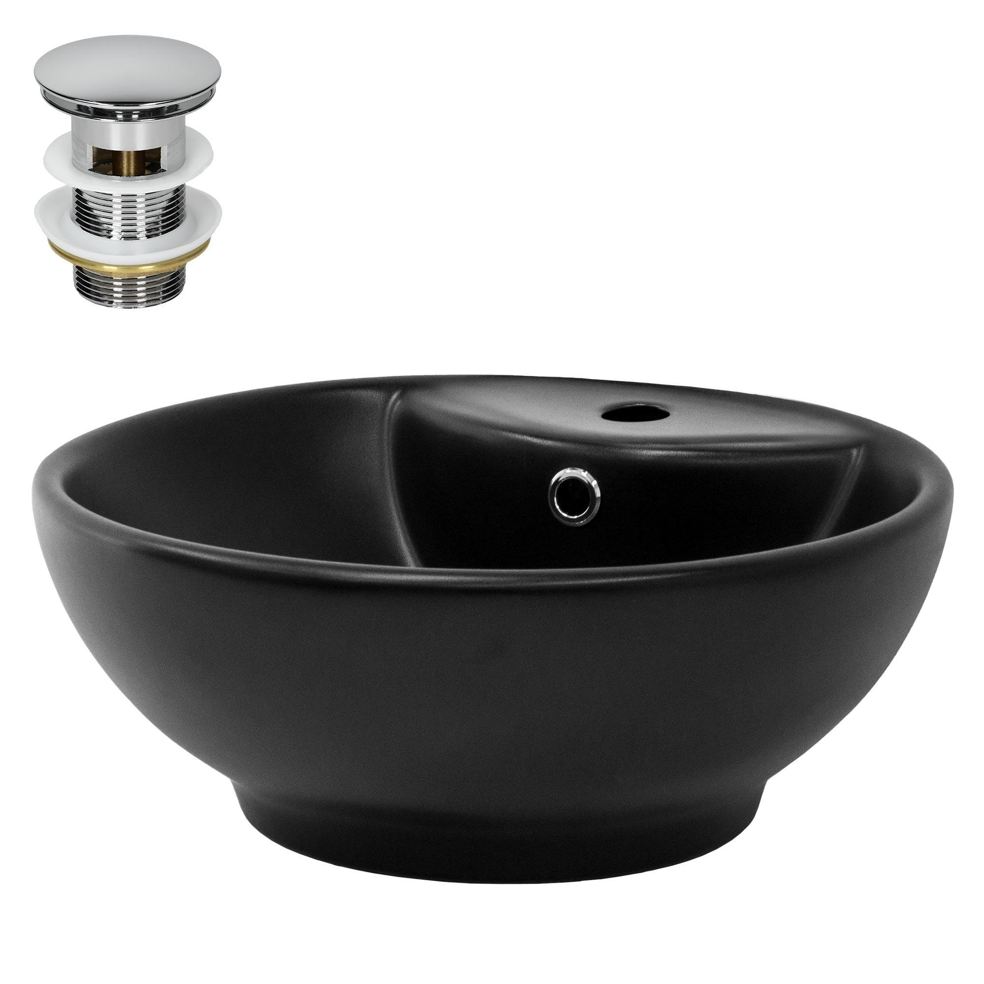 Cuenco negro con desagüe y válvula de desagüe cromada.