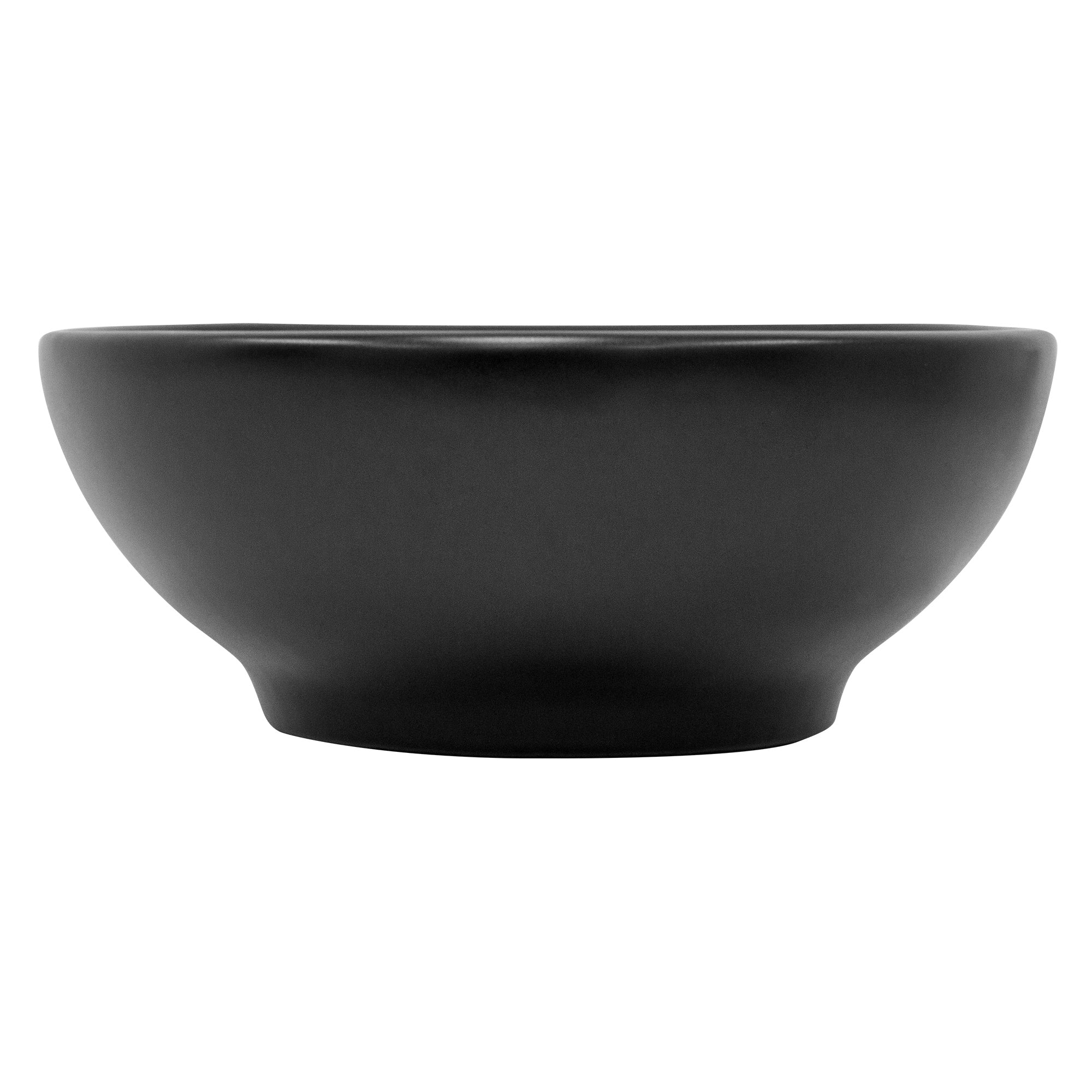 Black round wash basin viewed from the side.