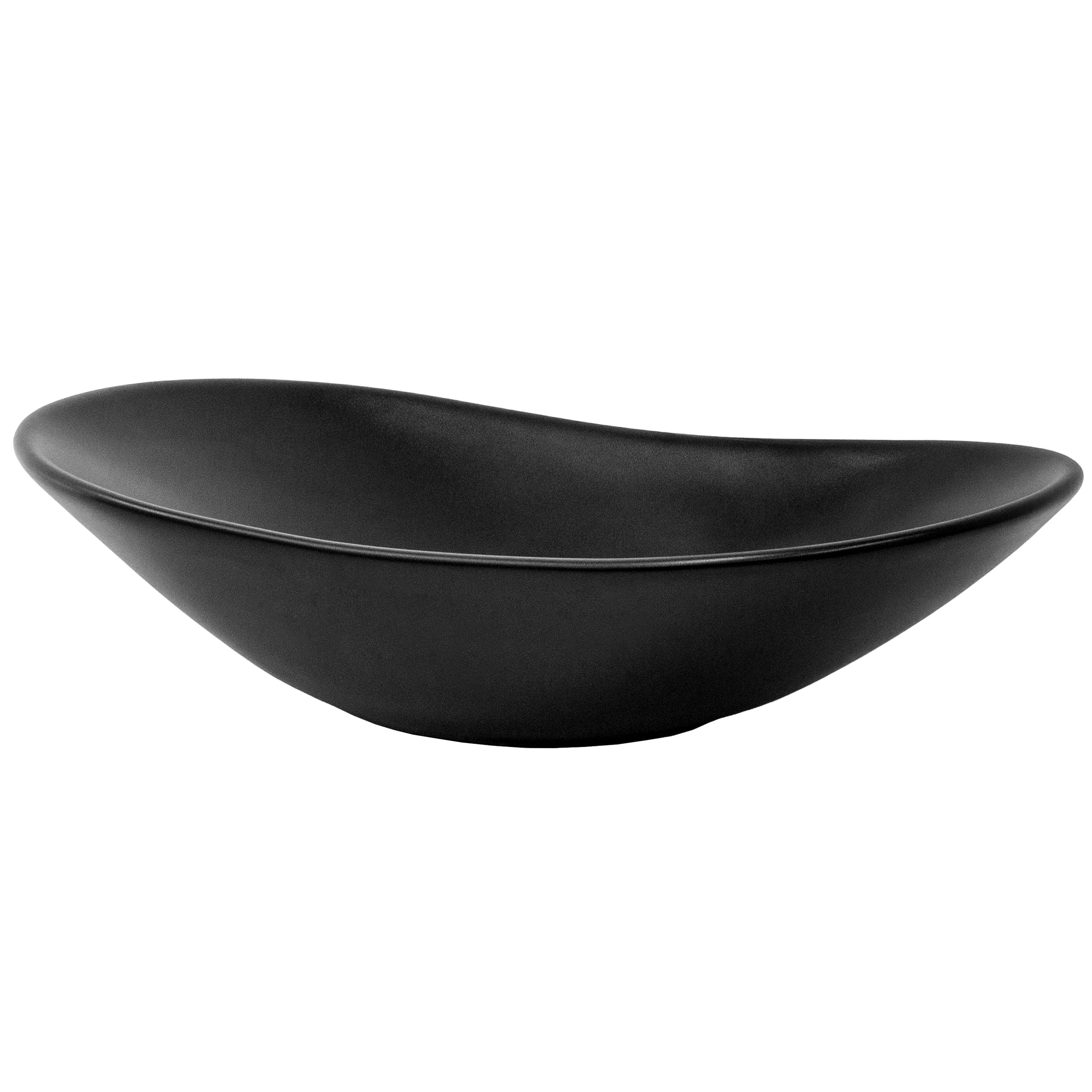 Schwarze, ovale Schüssel mit geschwungener Form auf weißem Hintergrund.