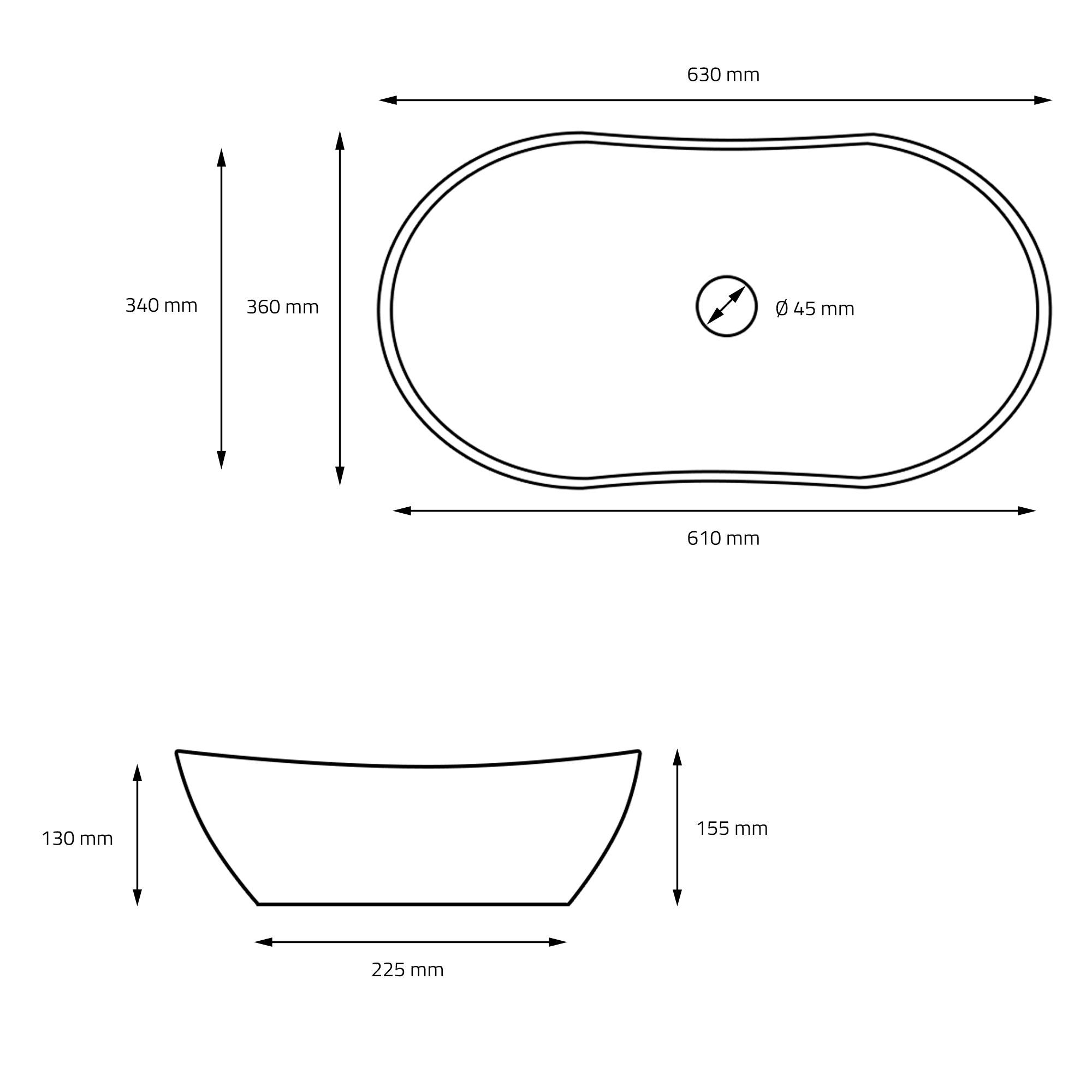 Technical drawing of an oval bathtub with dimensions.