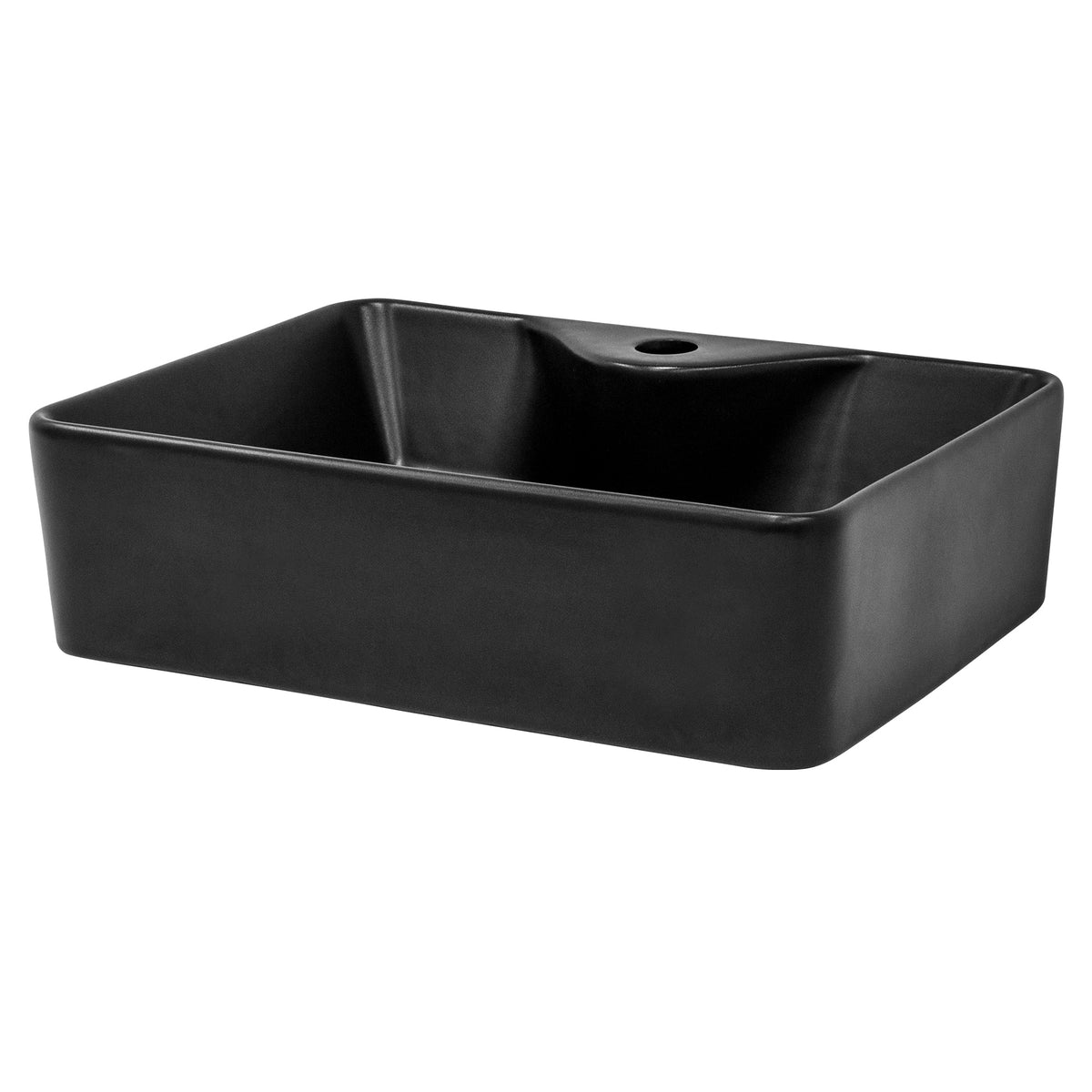 Schwarze, rechteckige Waschschüssel aus Keramik.