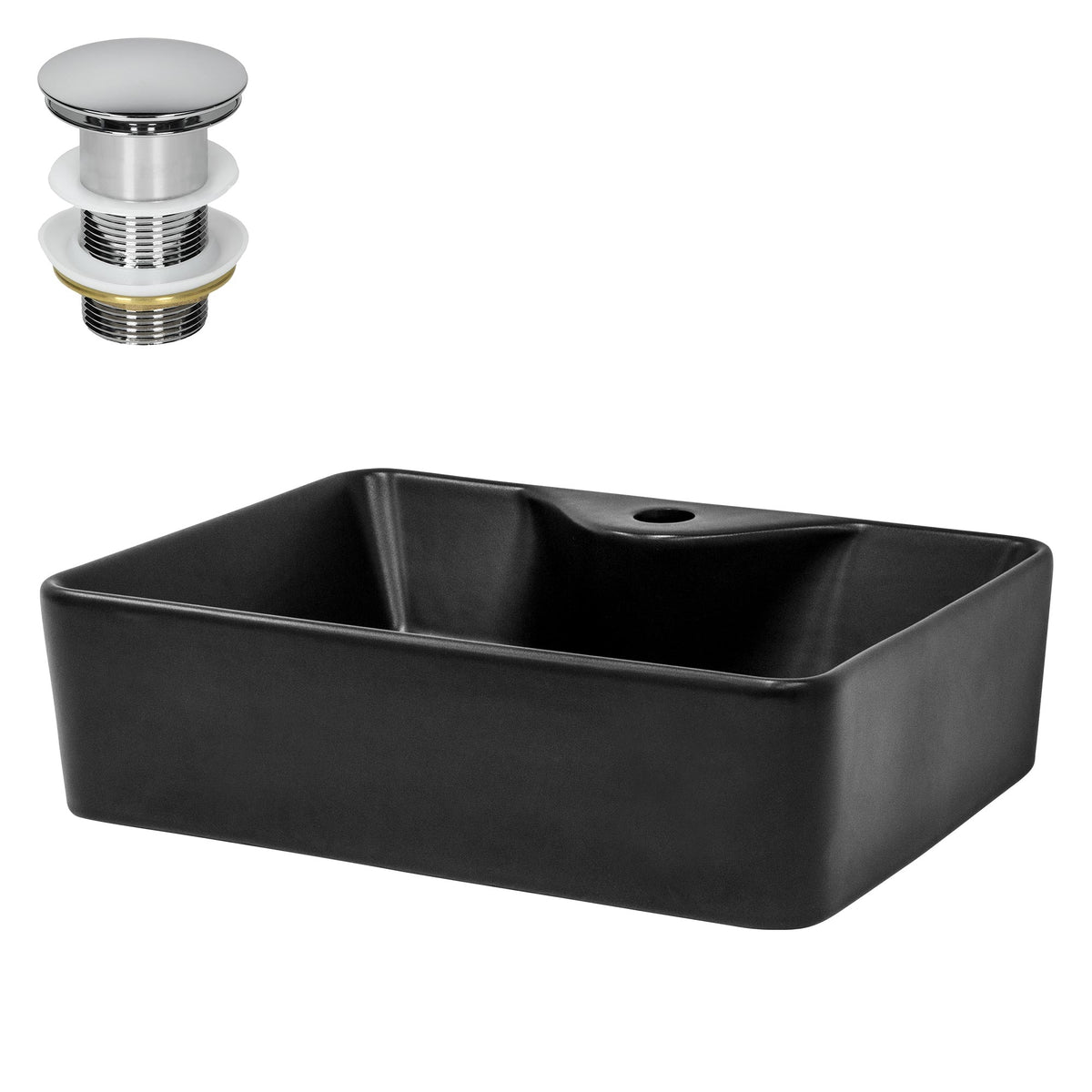 Ein quadratisches, schwarzes Waschbecken mit einem Abfluss und einem Überlauf.