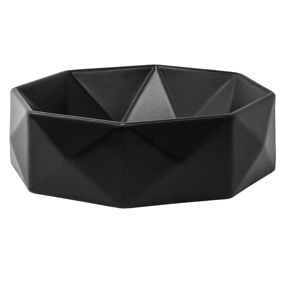 Schwarze, achteckige Schüssel mit facettiertem Design.