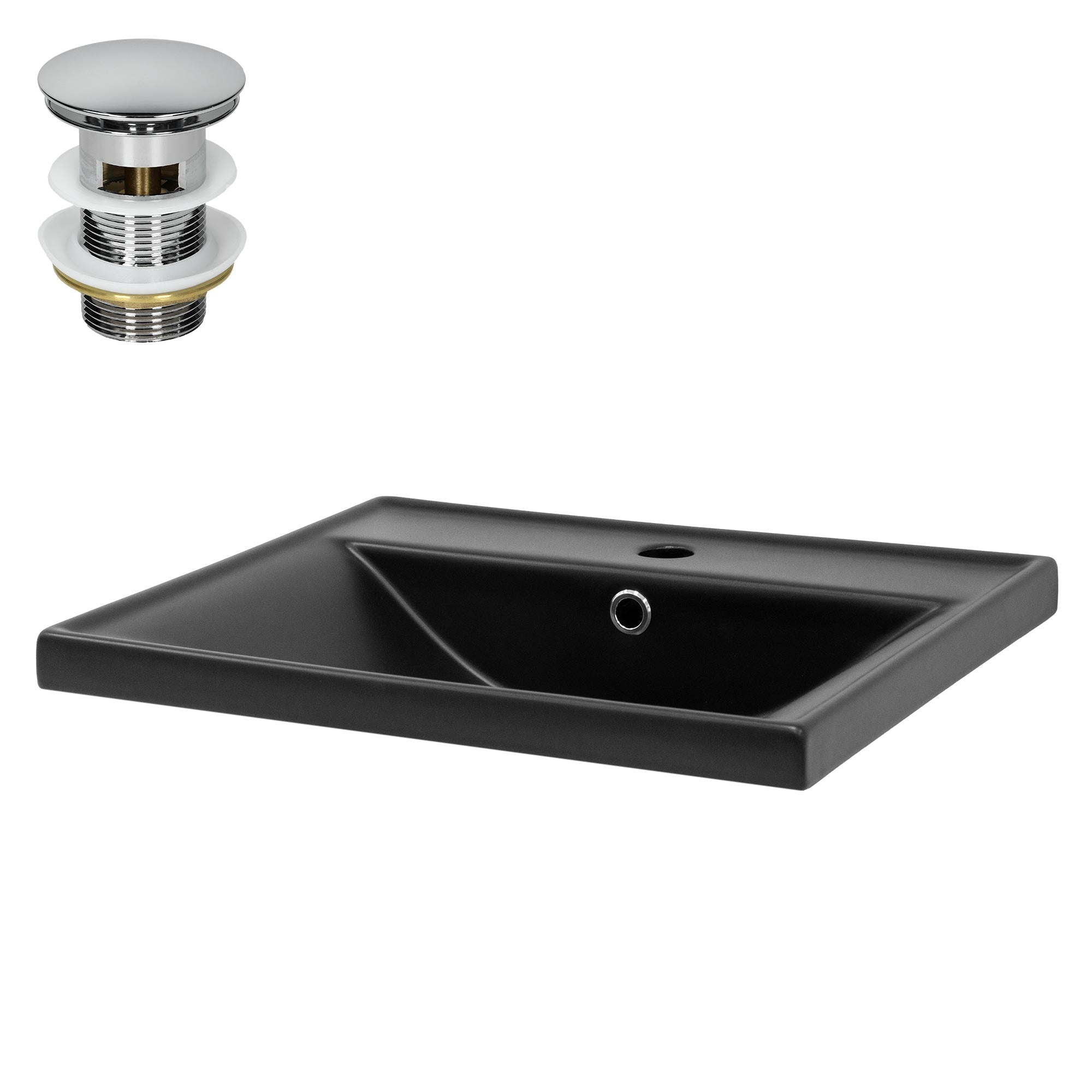 Black sink with drain and chrome overflow.