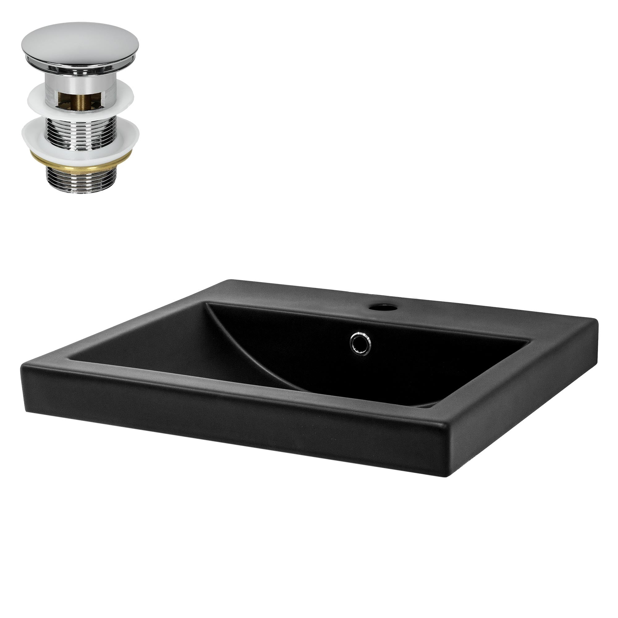 Black sink with drain and chrome faucet.