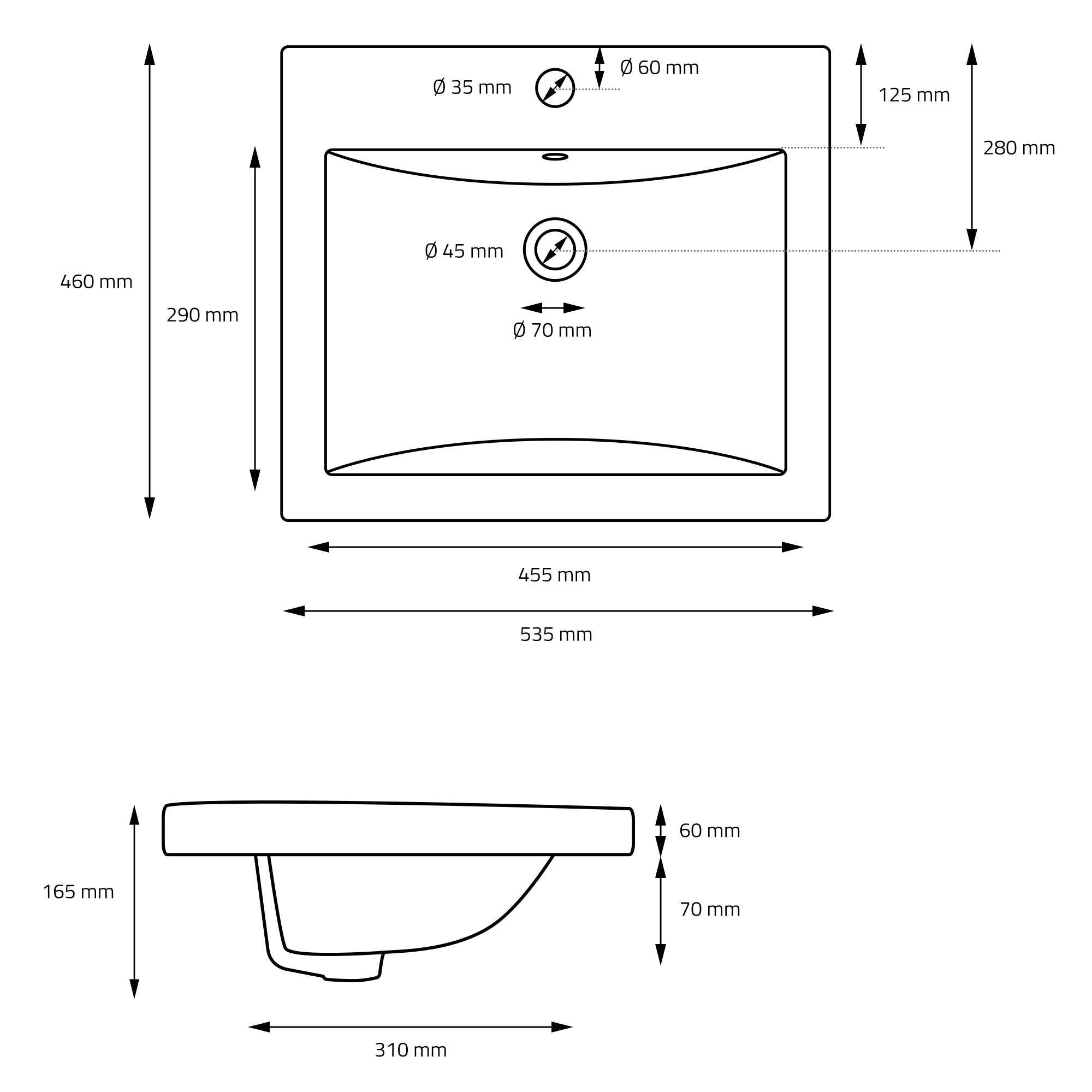 Technical drawing of a wash basin with dimensions and diameters.