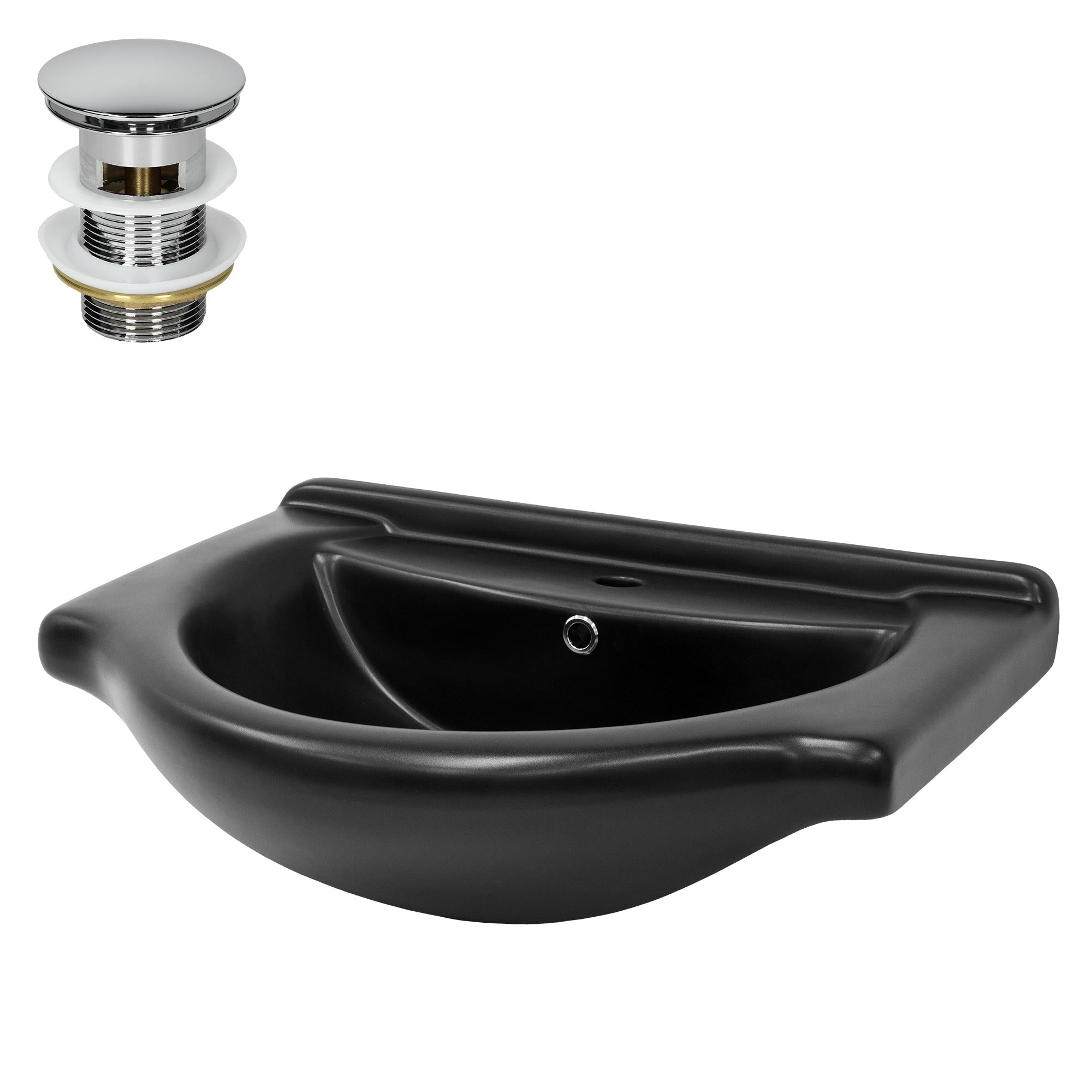 Schwarzes Waschbecken mit Ablauf und glänzendem Wasserhahn.