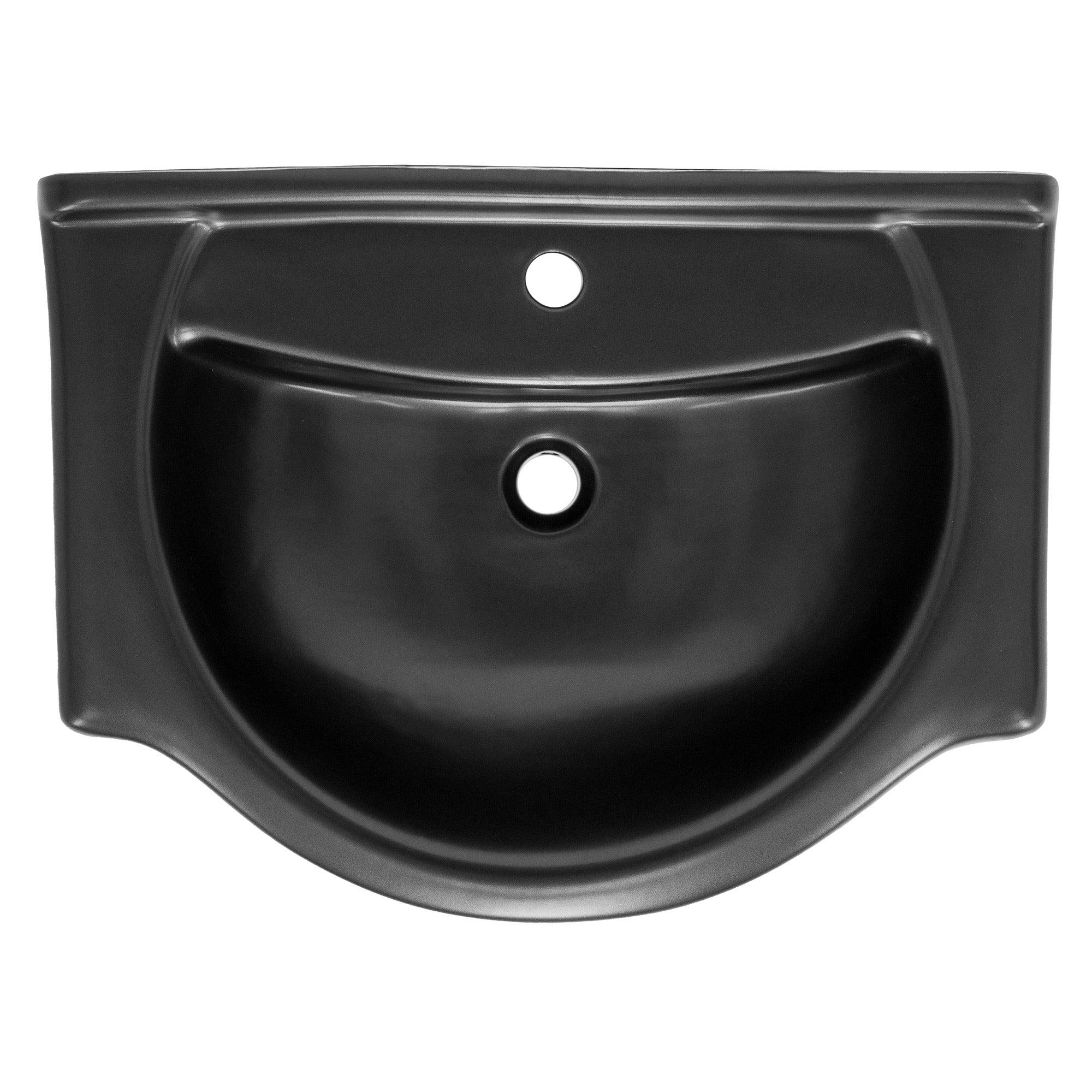Obenansicht eines schwarzen Waschbeckens mit Loch für Wasserhahn.