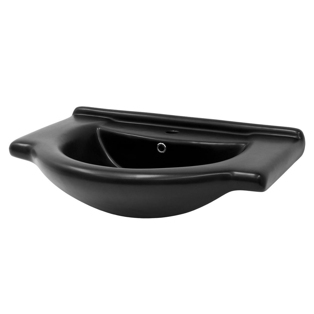 Schwarzes Waschbecken von vorne, ohne Armatur.