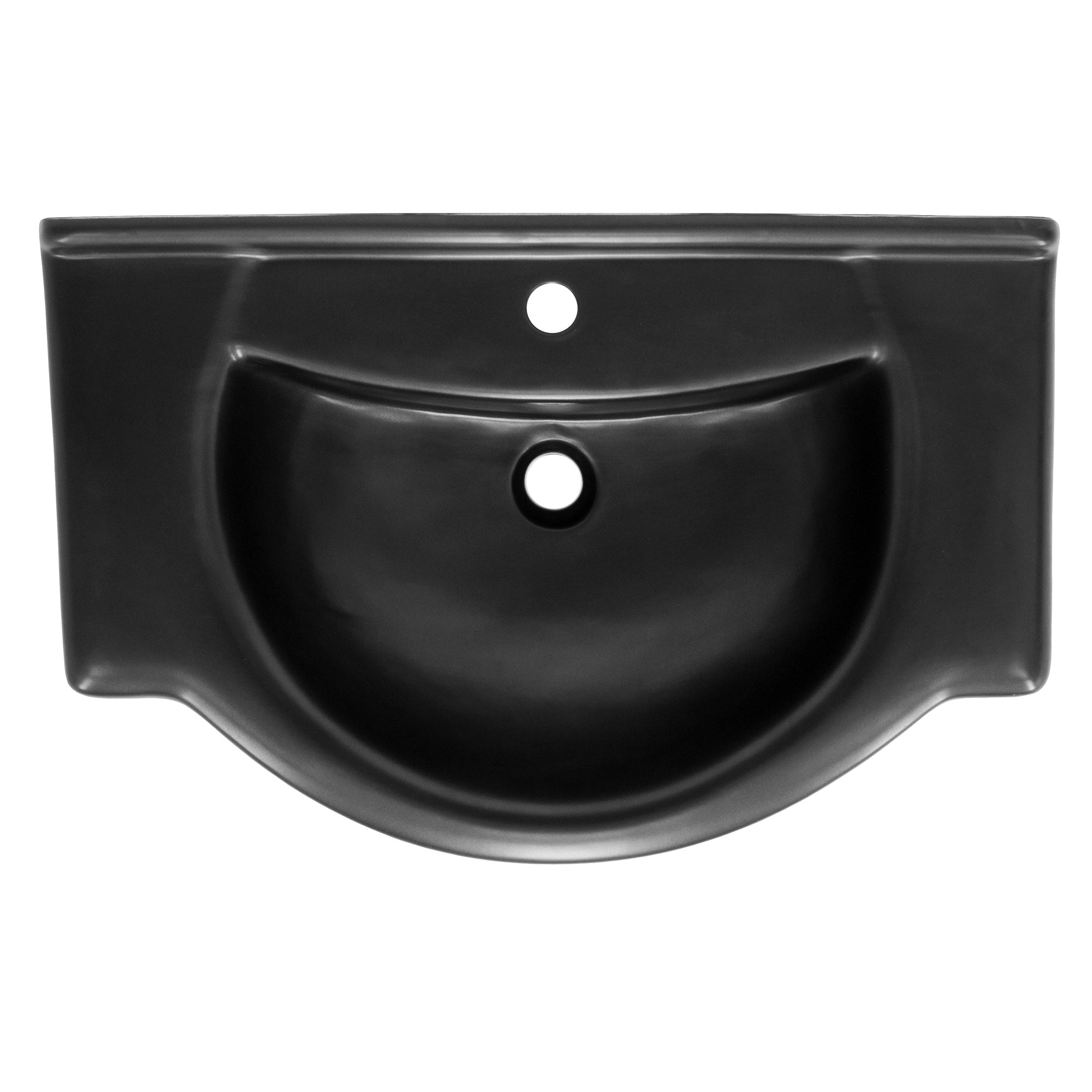 Obenansicht eines schwarzen Waschbeckens mit zentralem Wasserhahnloch.