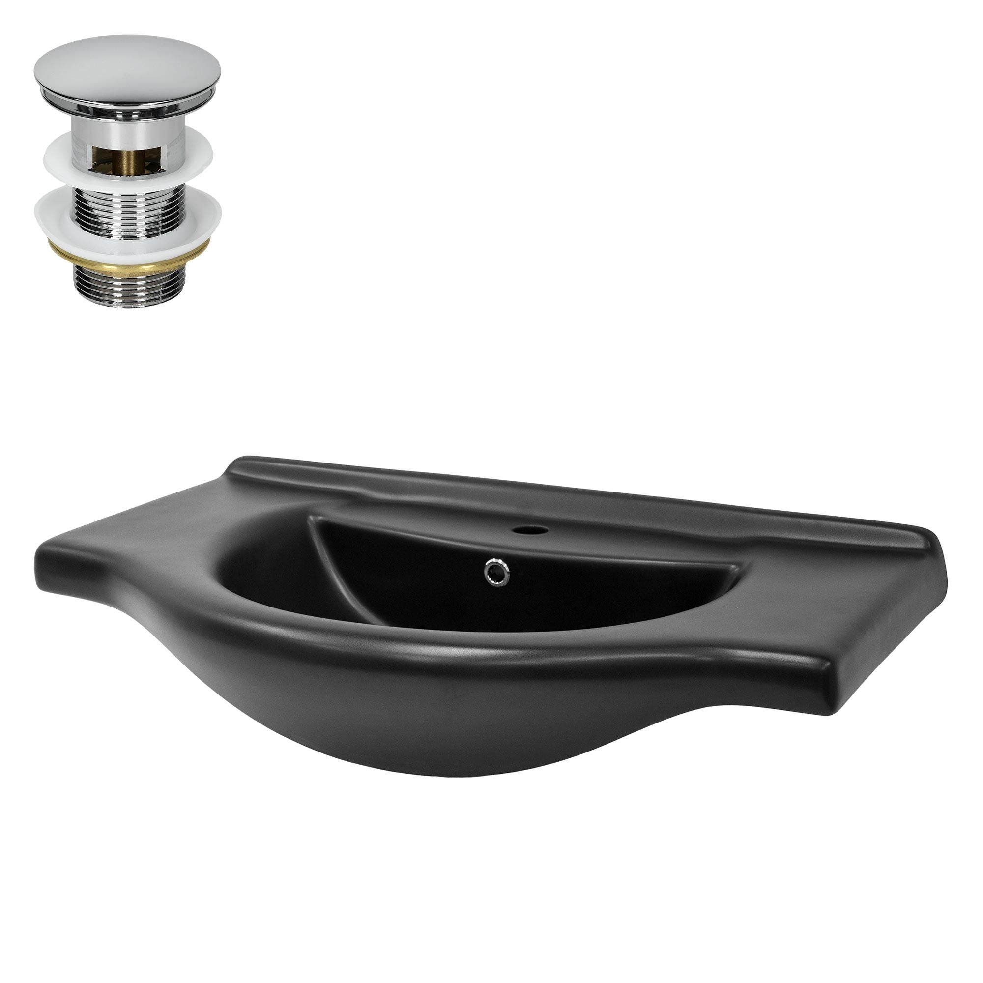 Black sink with rounded edges and drain hole.