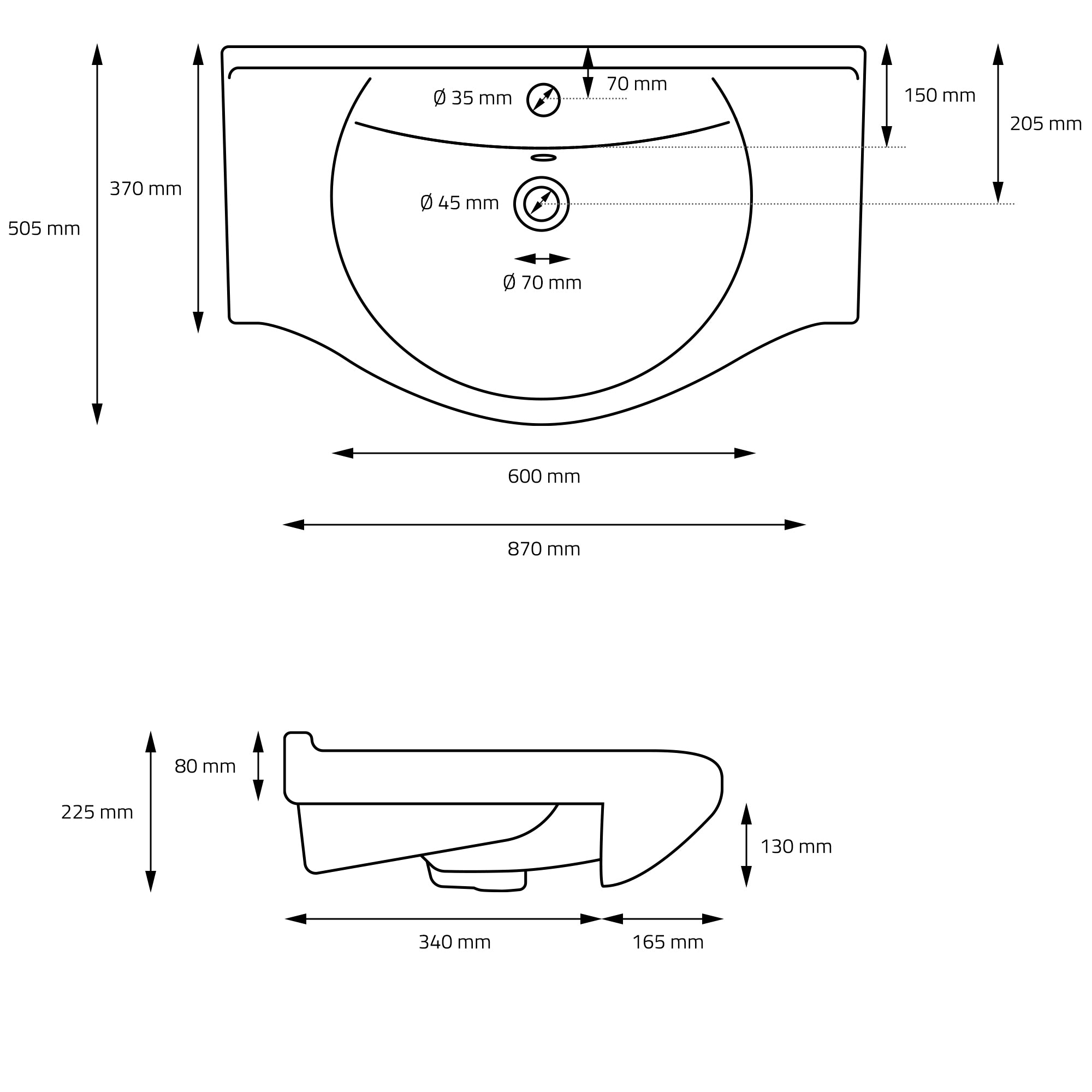 Technical drawing of a sink with dimensions.