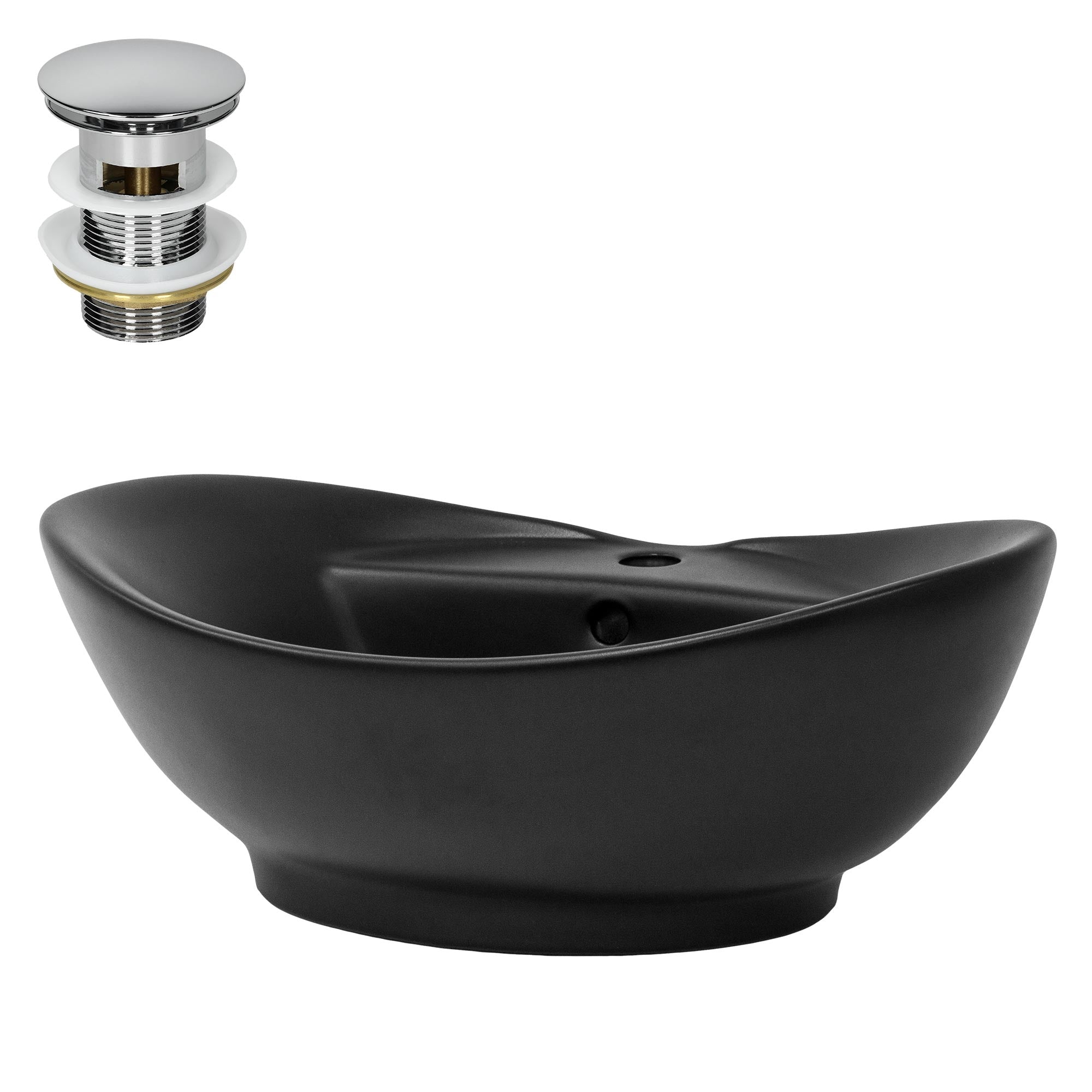 Eine schwarze Badewanne mit einem Abfluss und einem Überlauf auf einem weißen Hintergrund.