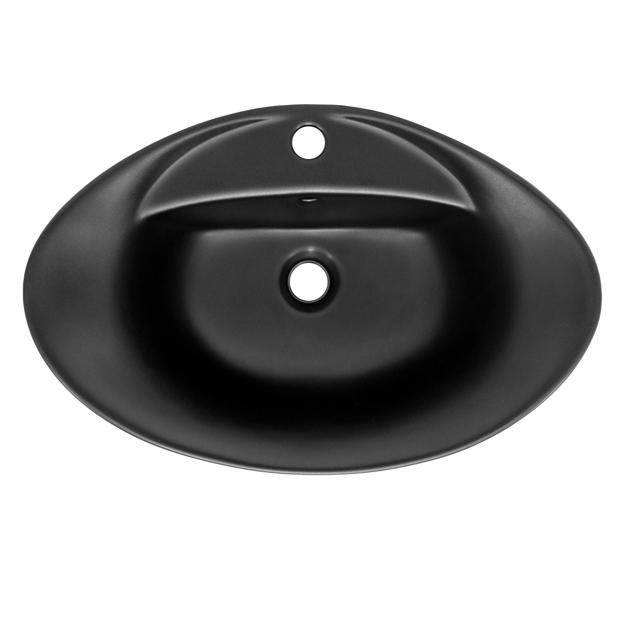 Ein schwarzes ovales Waschbecken mit einem zentralen Loch für den Wasserhahn.
