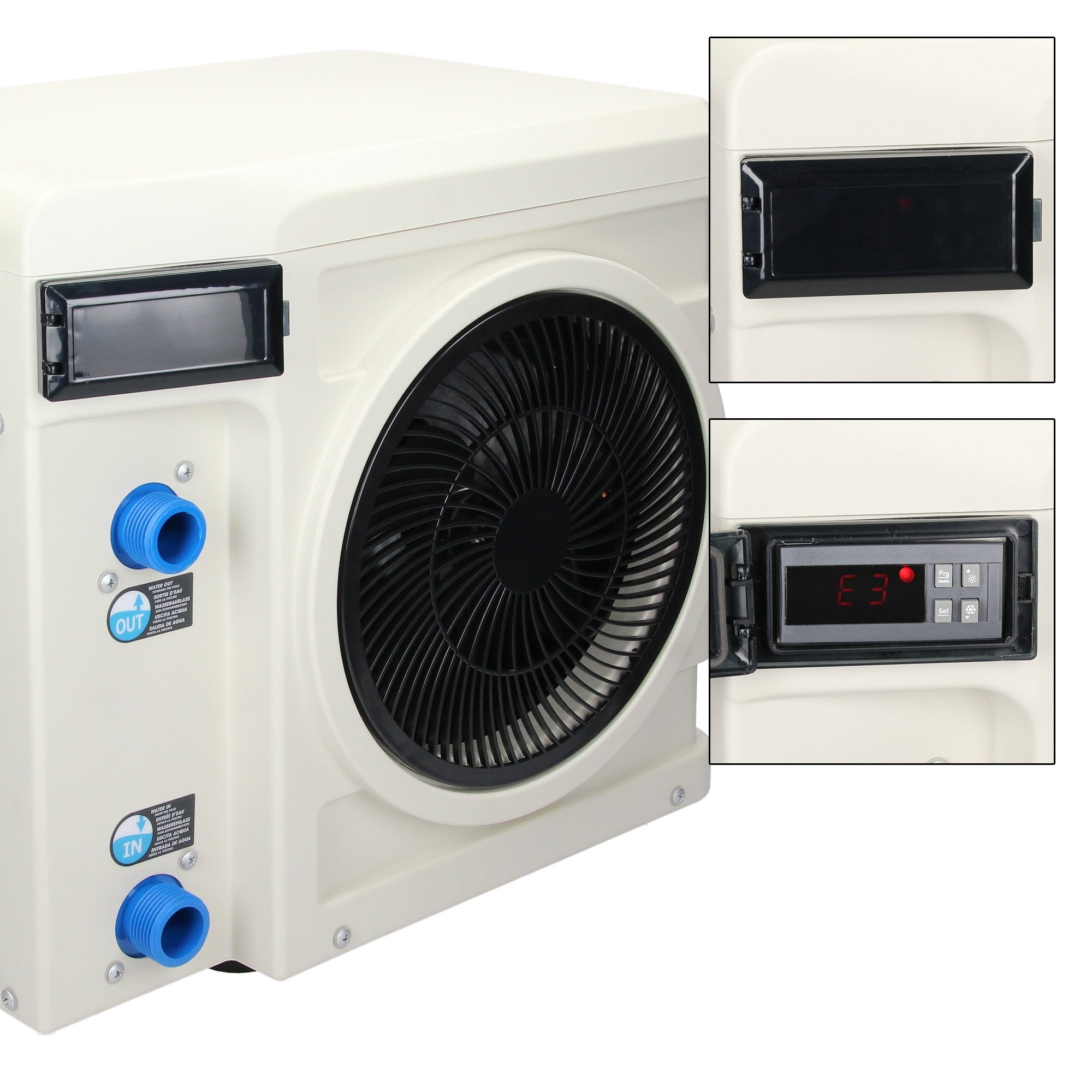 Klimatizace s digitálním displejem a ventilátorovou mřížkou.