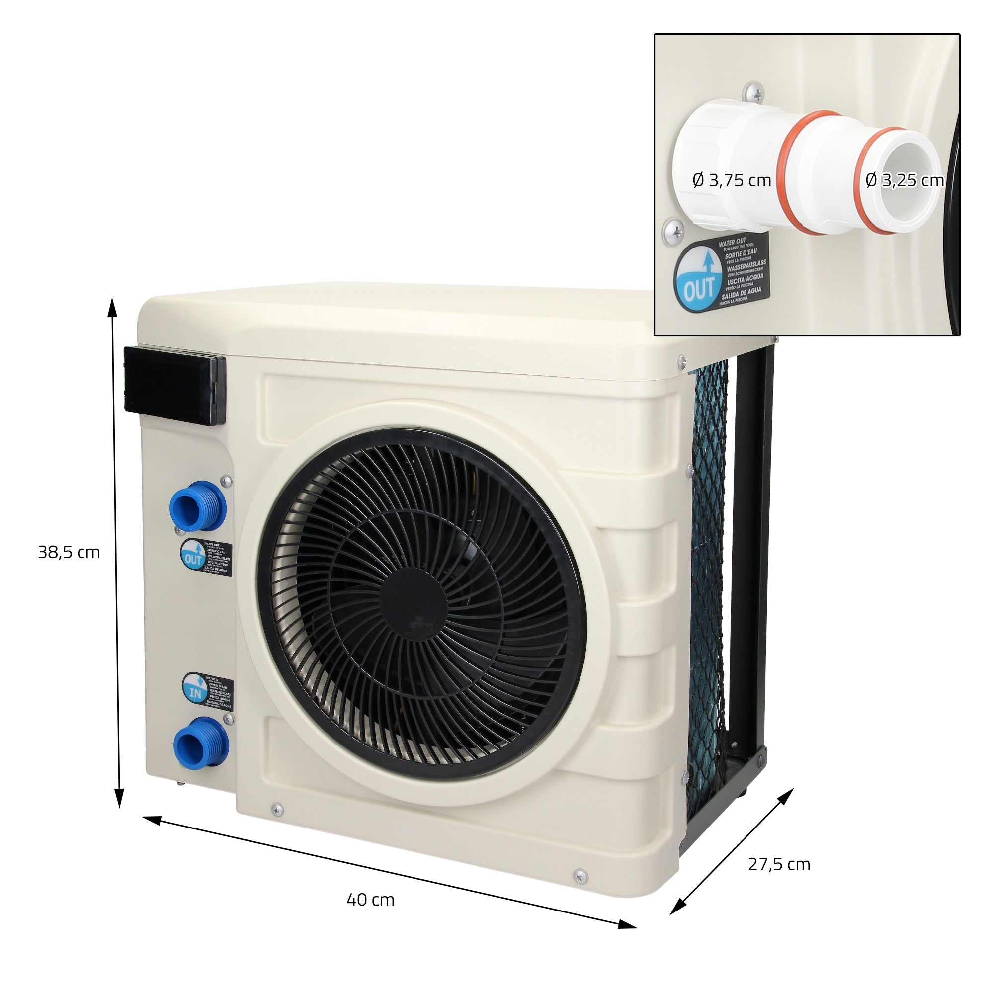 Klimatizace s velkým ventilátorem a připojeními.