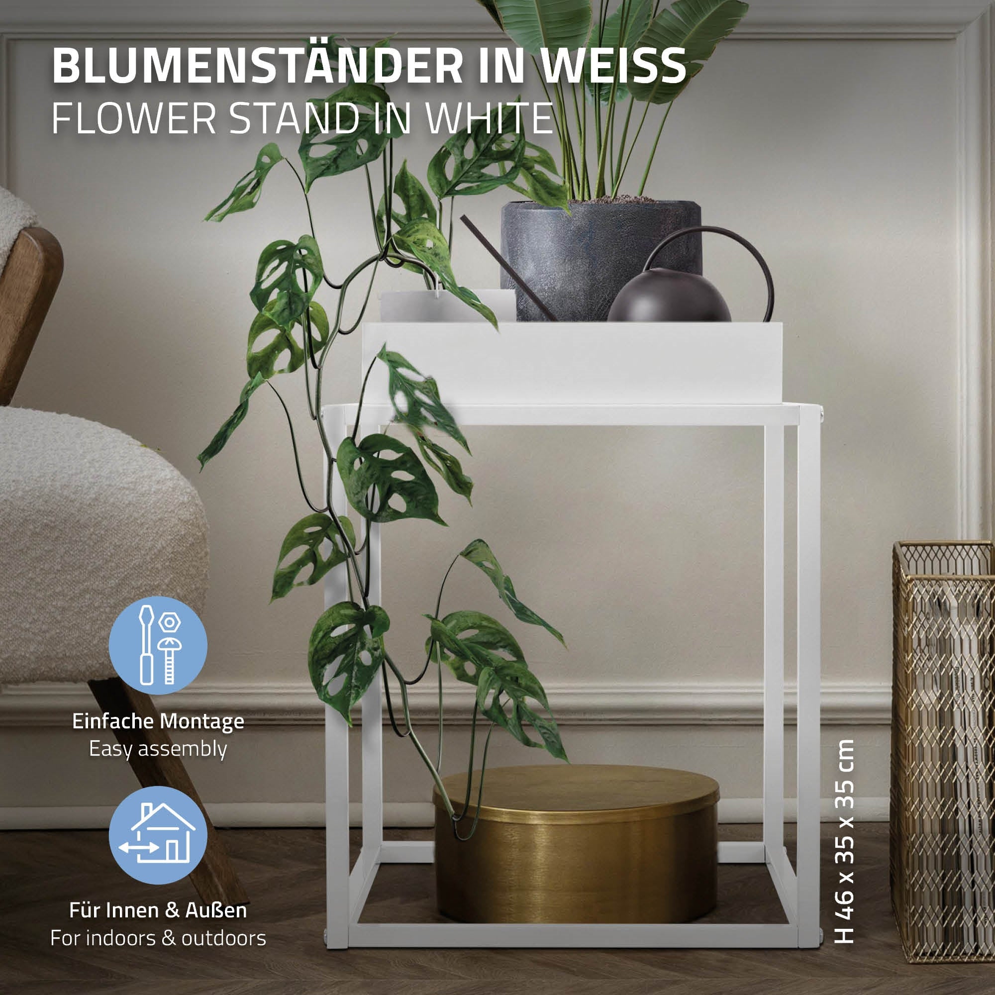 Ein weißer Blumenständer mit einer Pflanze und Informationen zur Montage.
