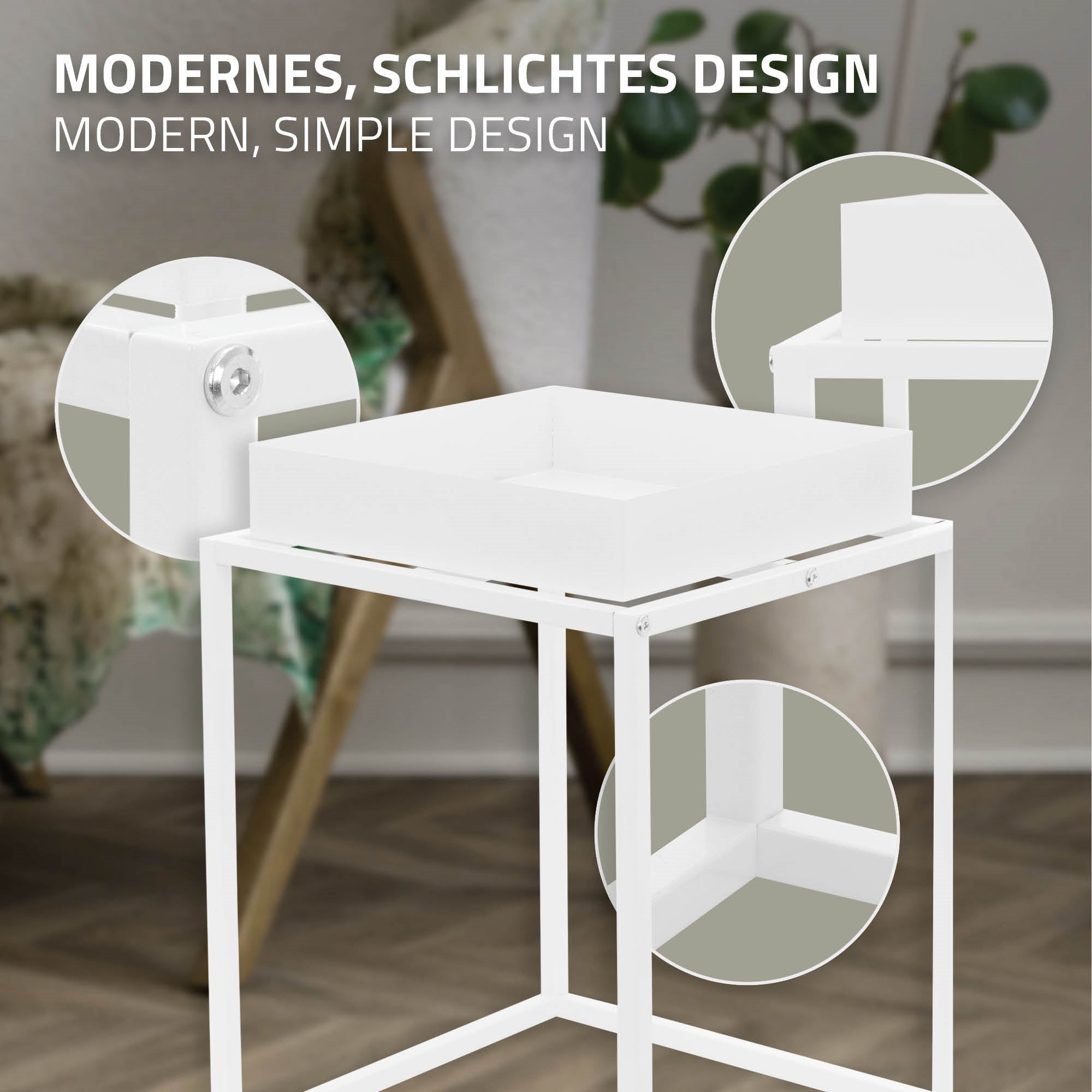 Nahaufnahme eines weißen Tisches mit modernen Designelementen.