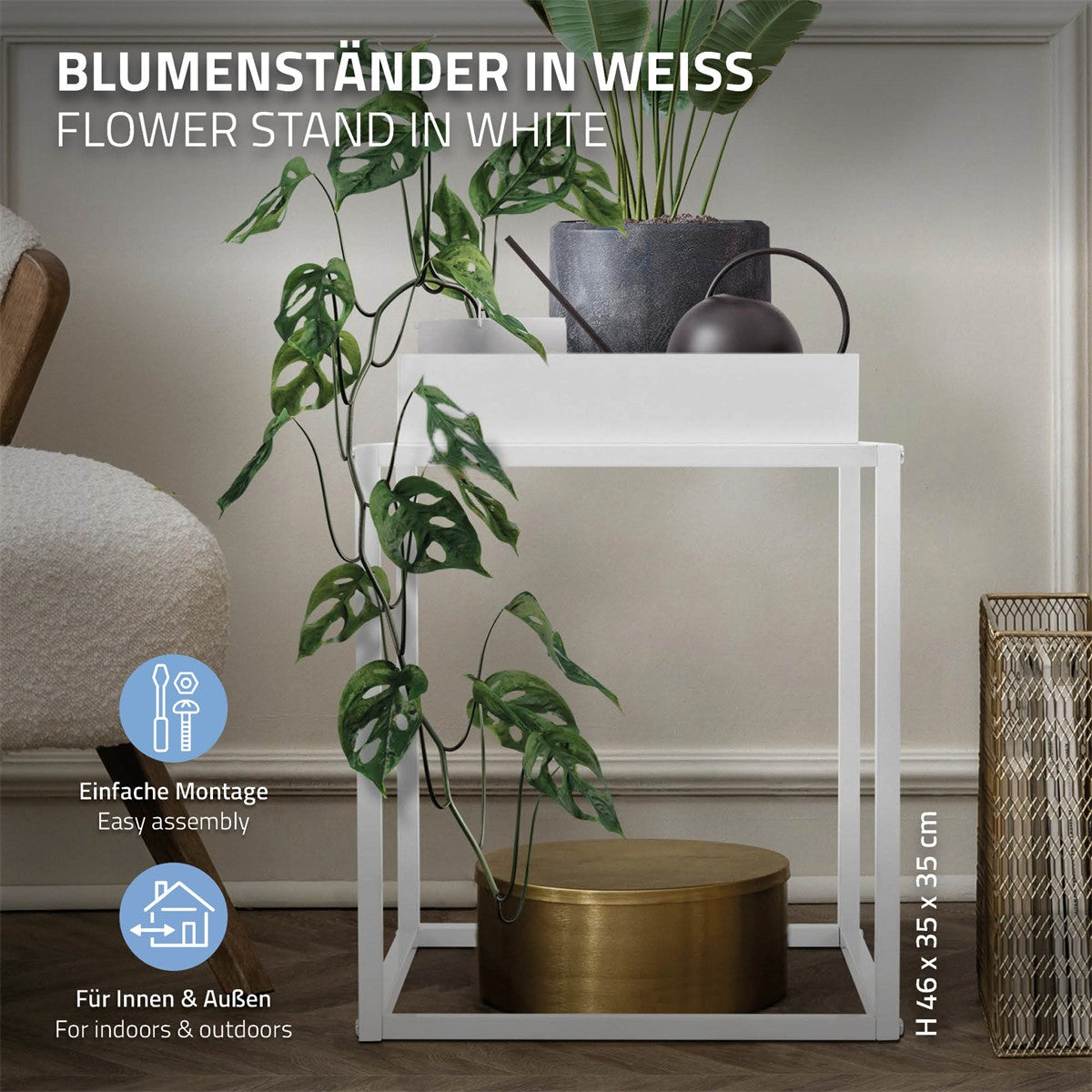 Ein weißer Blumenständer mit einer Pflanze und Informationen zur Montage.