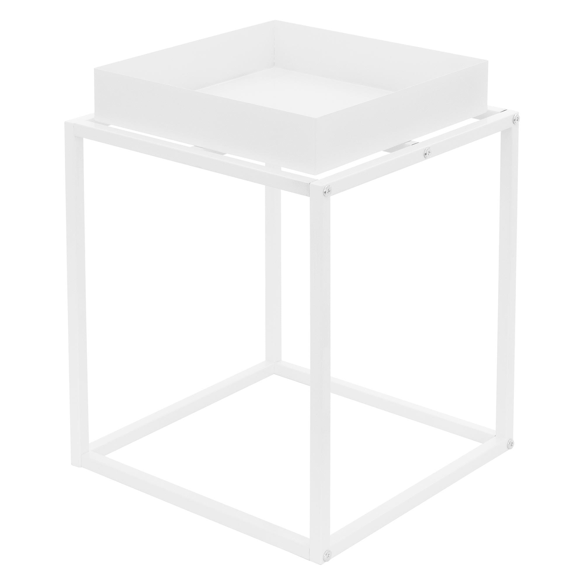 Weißer Beistelltisch mit quadratischer Ablagefläche.