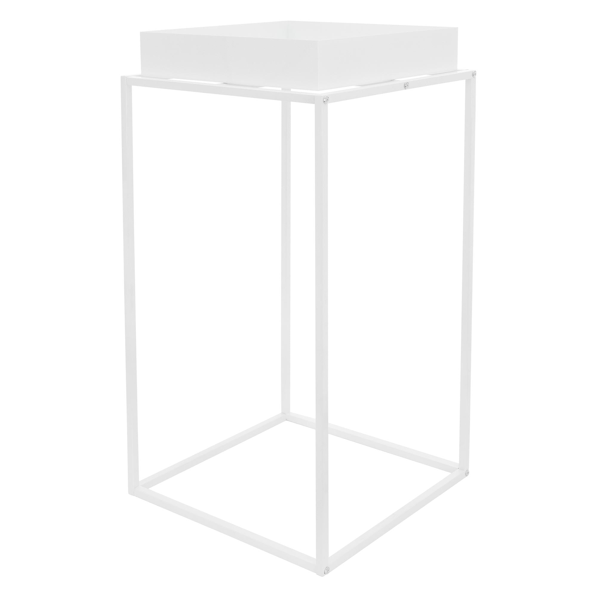Weißer, quadratischer Tisch mit einem offenen Rahmen, ohne Dekoration.