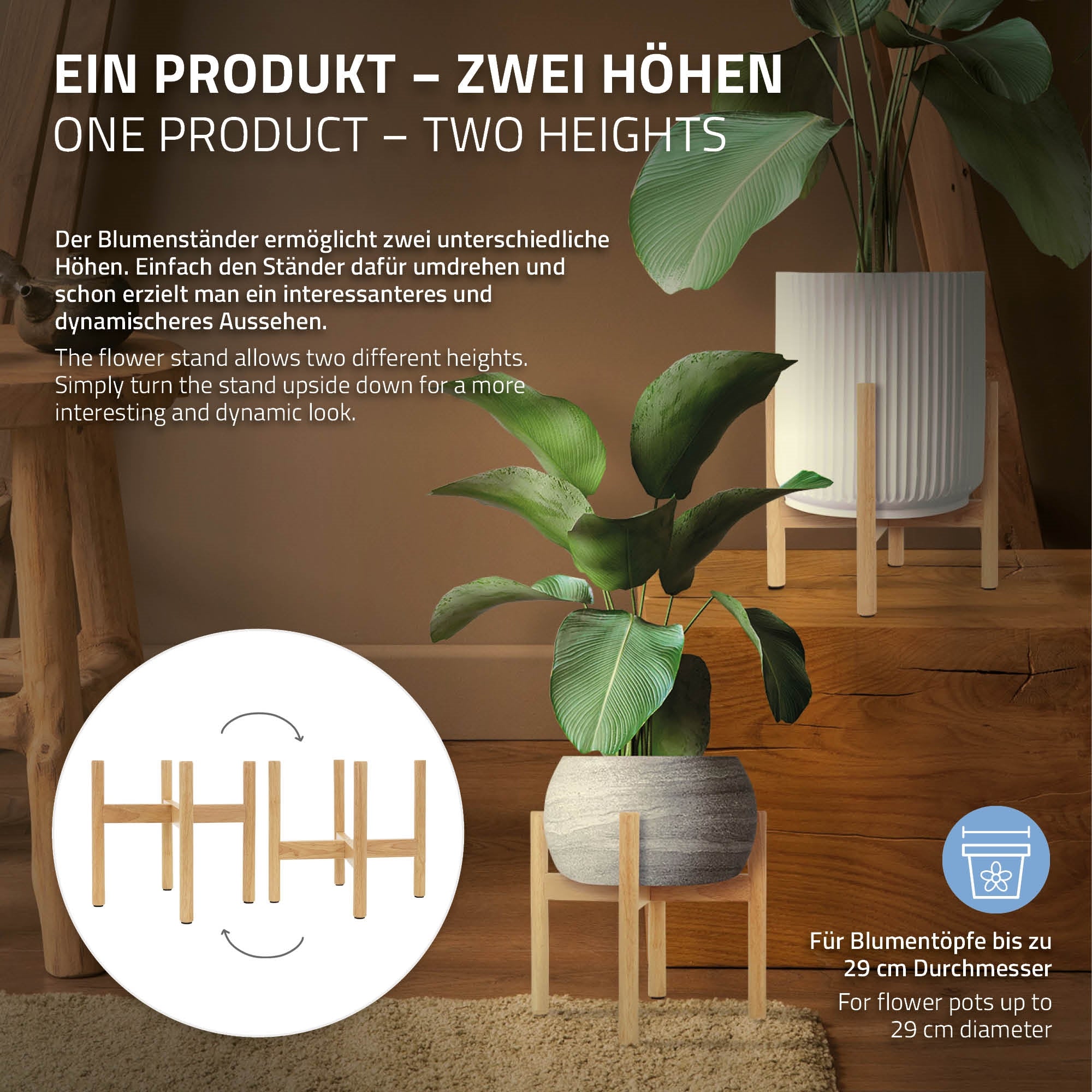 Blumenständer in zwei Höhen mit Pflanzen und Töpfen auf einem Tisch.