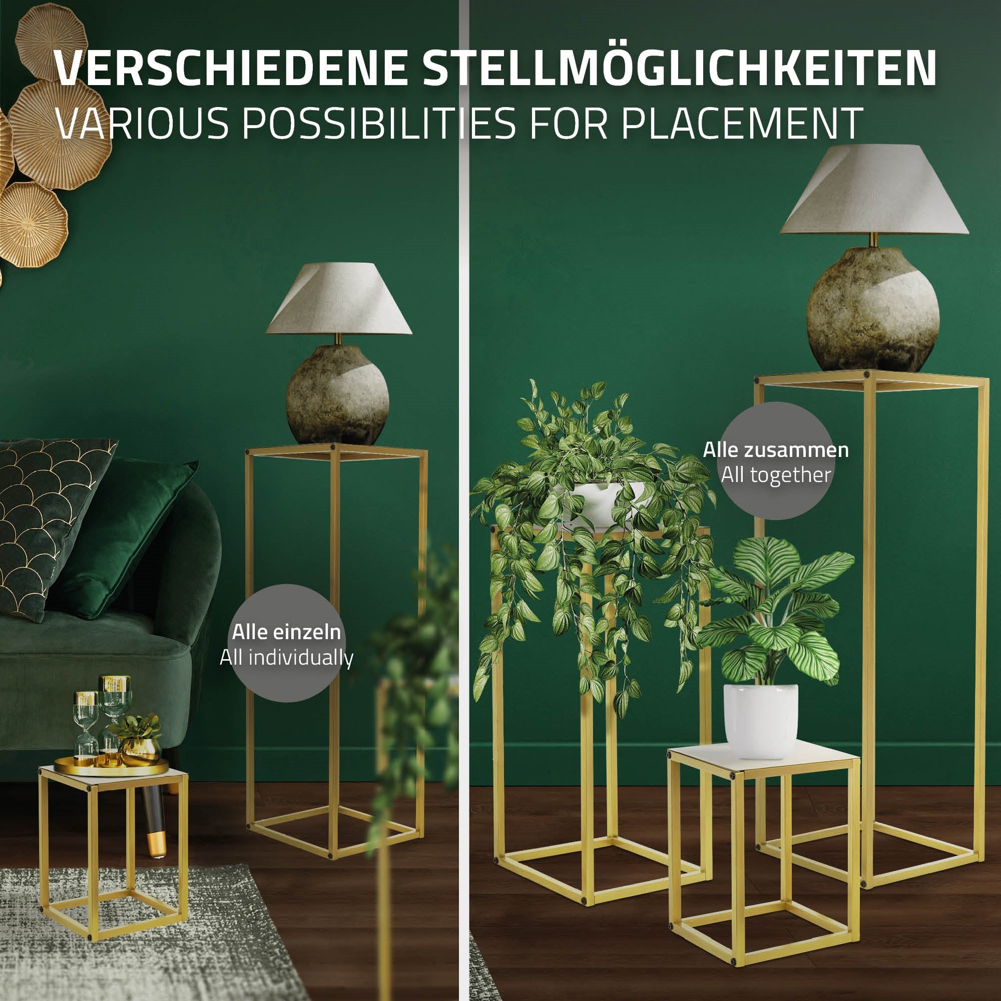 Différents meubles dans une pièce avec un mur vert.