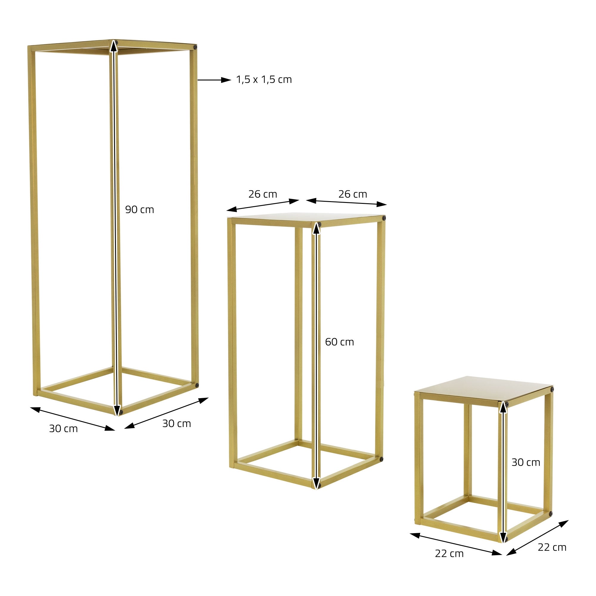 Trois étagères dorées avec des dimensions et une hauteur de 90 cm, 60 cm et 30 cm.