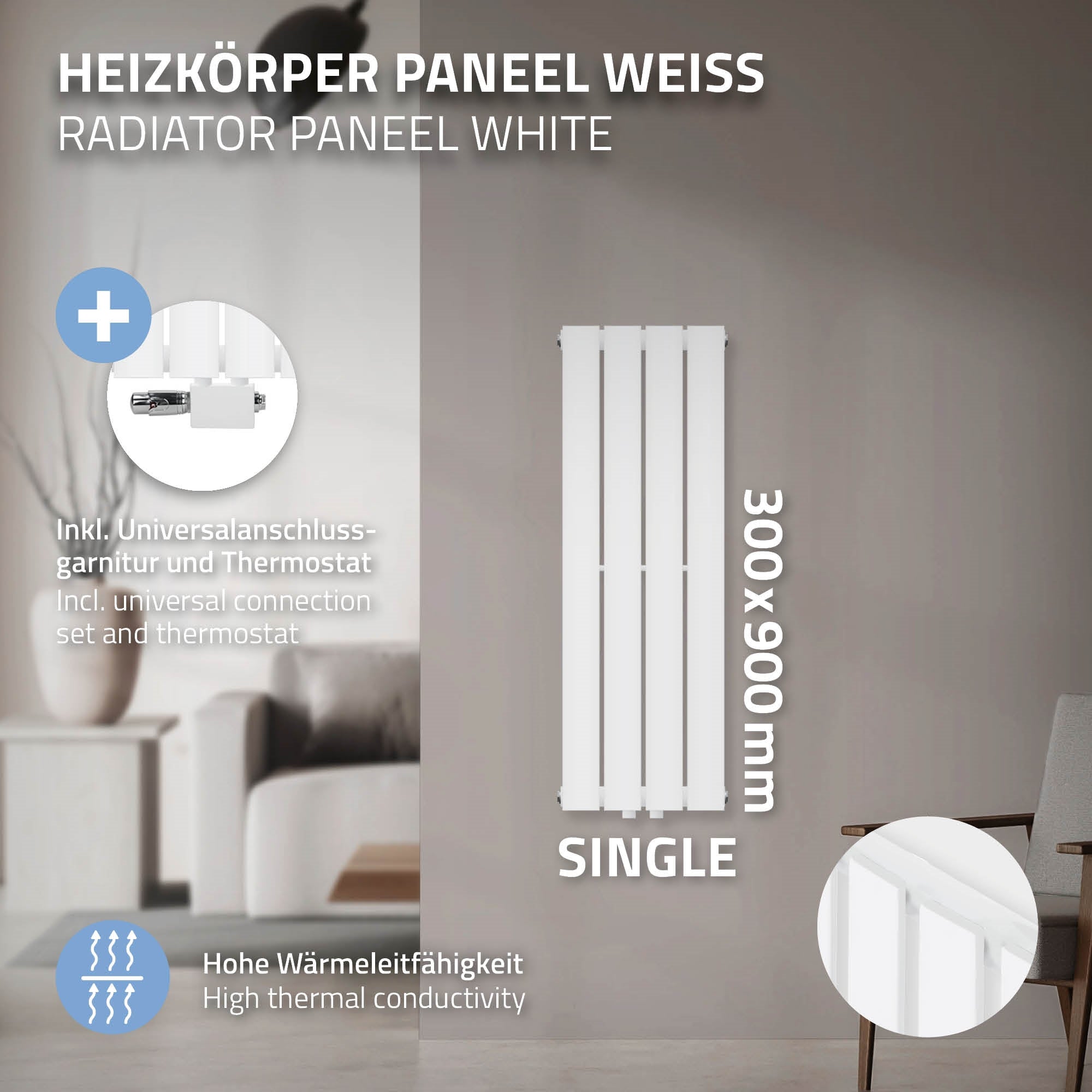 White radiator panel with dimensions 300x900mm.