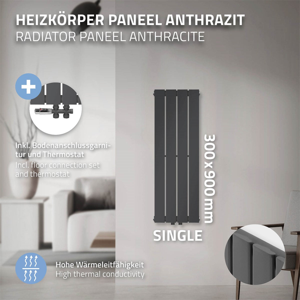 Anthrazitfarbenes Heizkörperpaneel mit Abmessungen 300x900 mm.