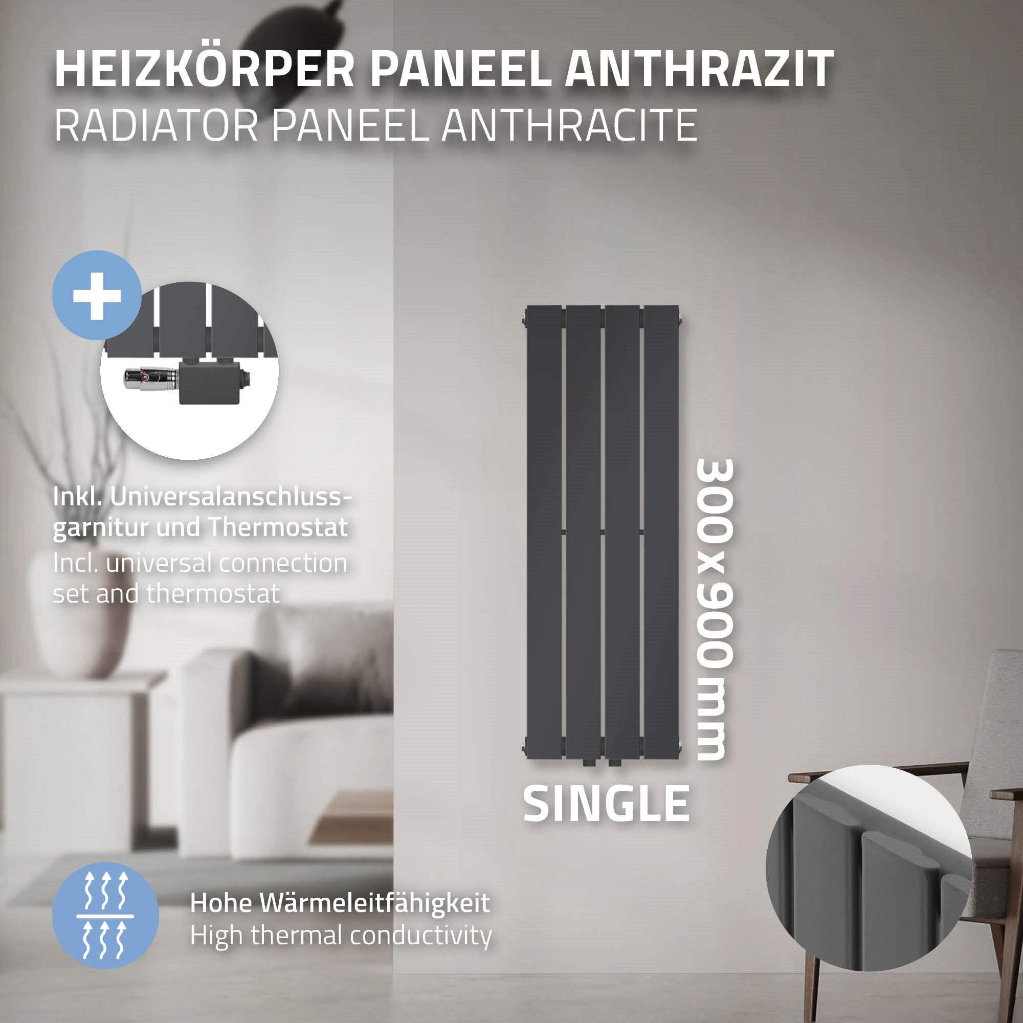 Anthracite-colored radiator panel with dimensions 300x900 mm on a wall.