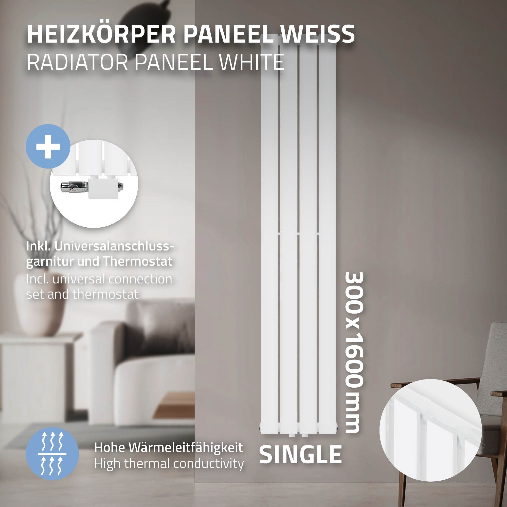Fehér radiátorpanel 300x1600 mm mérettel a falon.