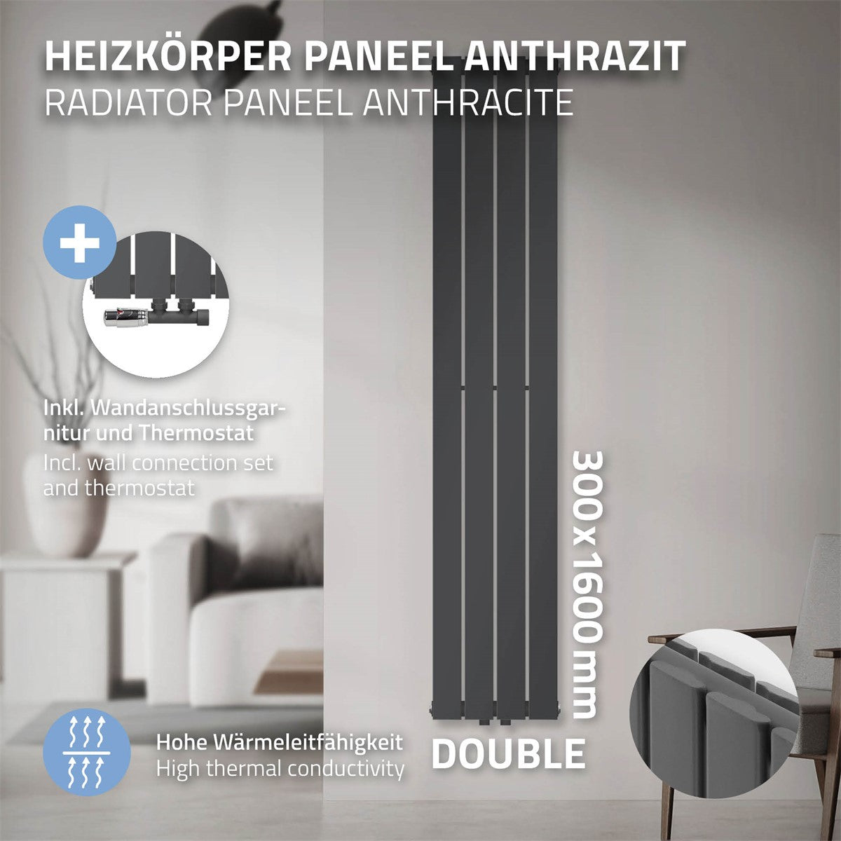 Panou de radiator de culoare antracit, cu dimensiunile de 300 × 1600 mm.