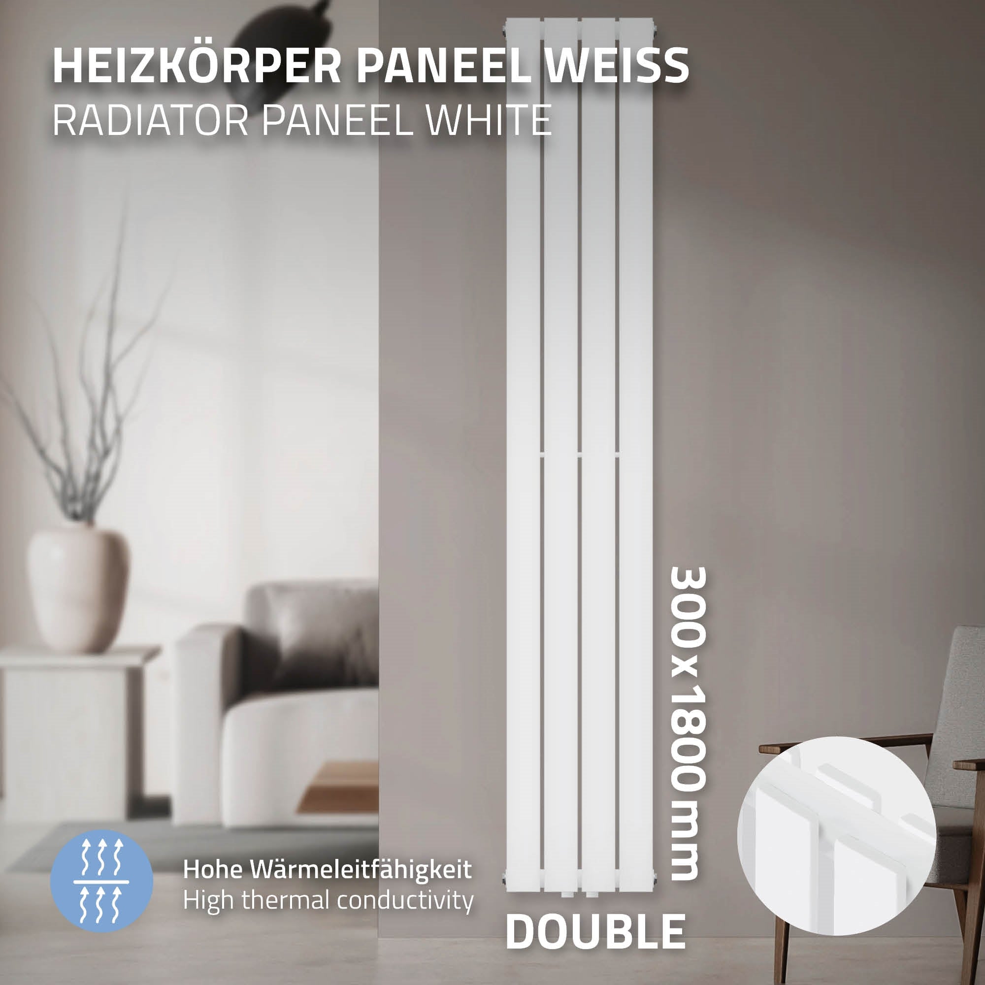 Wit radiatorpaneel, 300x1800mm, dubbel, met wandaansluiting.