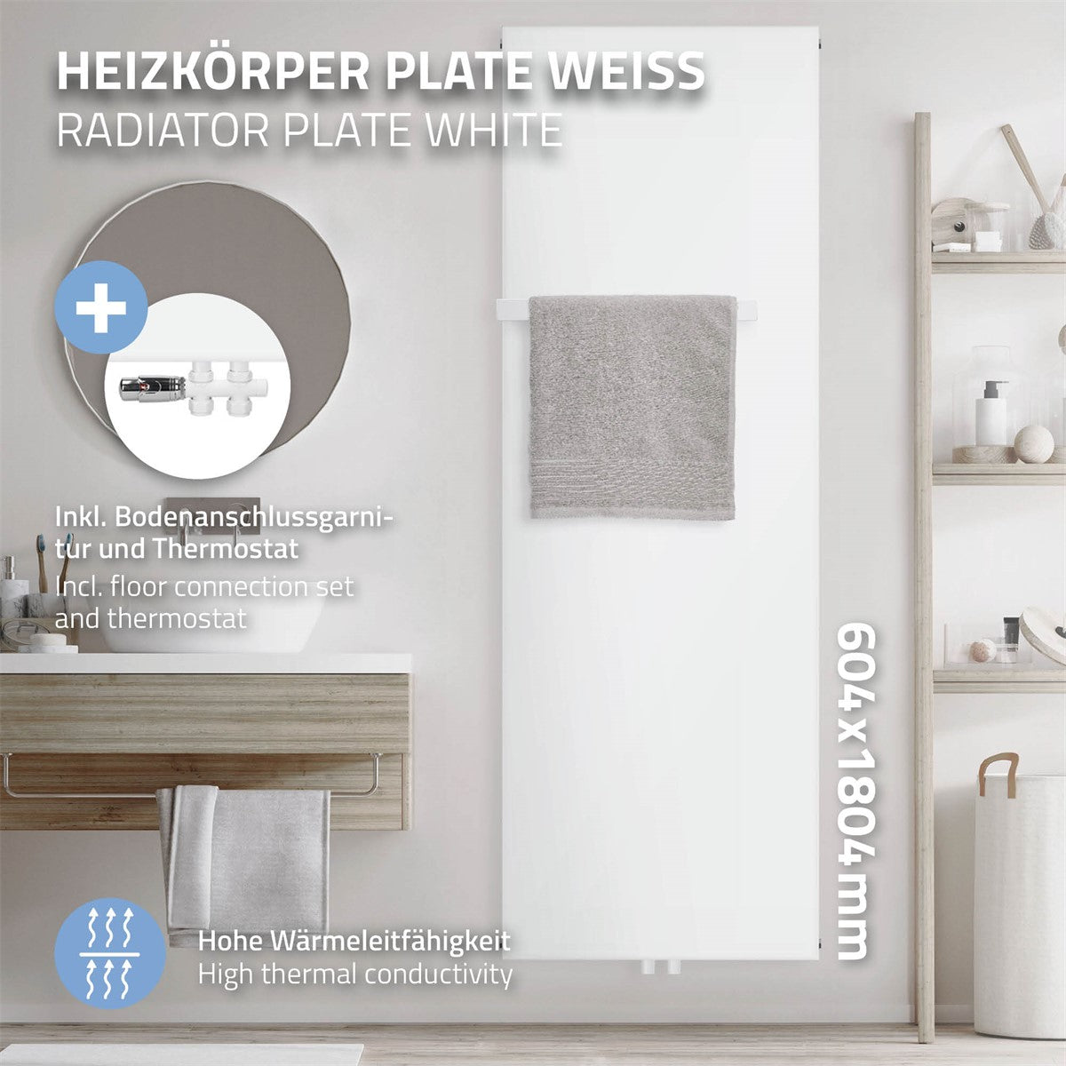 White radiator with towel rail and accessories in a bathroom.