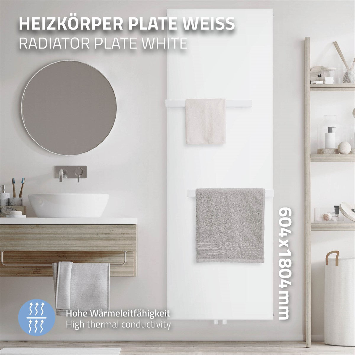 Hvid radiator med håndklæder på et moderne badeværelse.