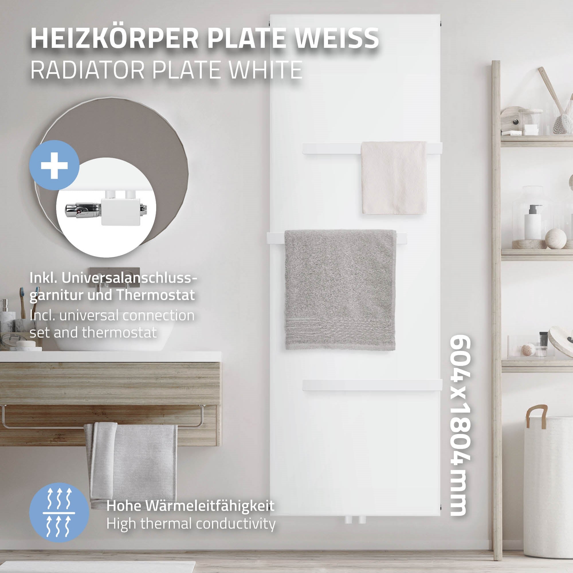 Weißer Heizkörper mit Handtuchhalter und universellem Anschluss.