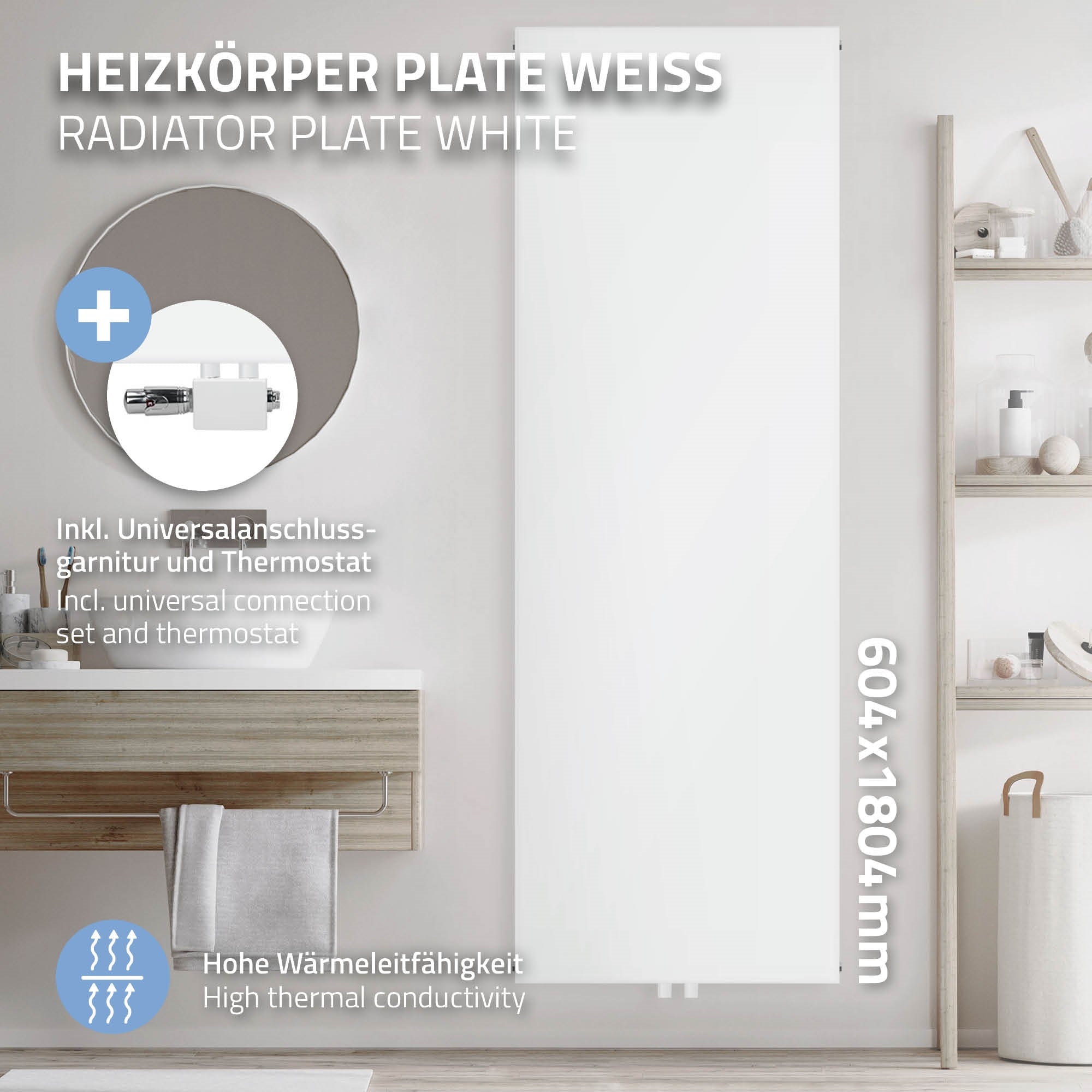 White radiator with universal connection and thermostat.