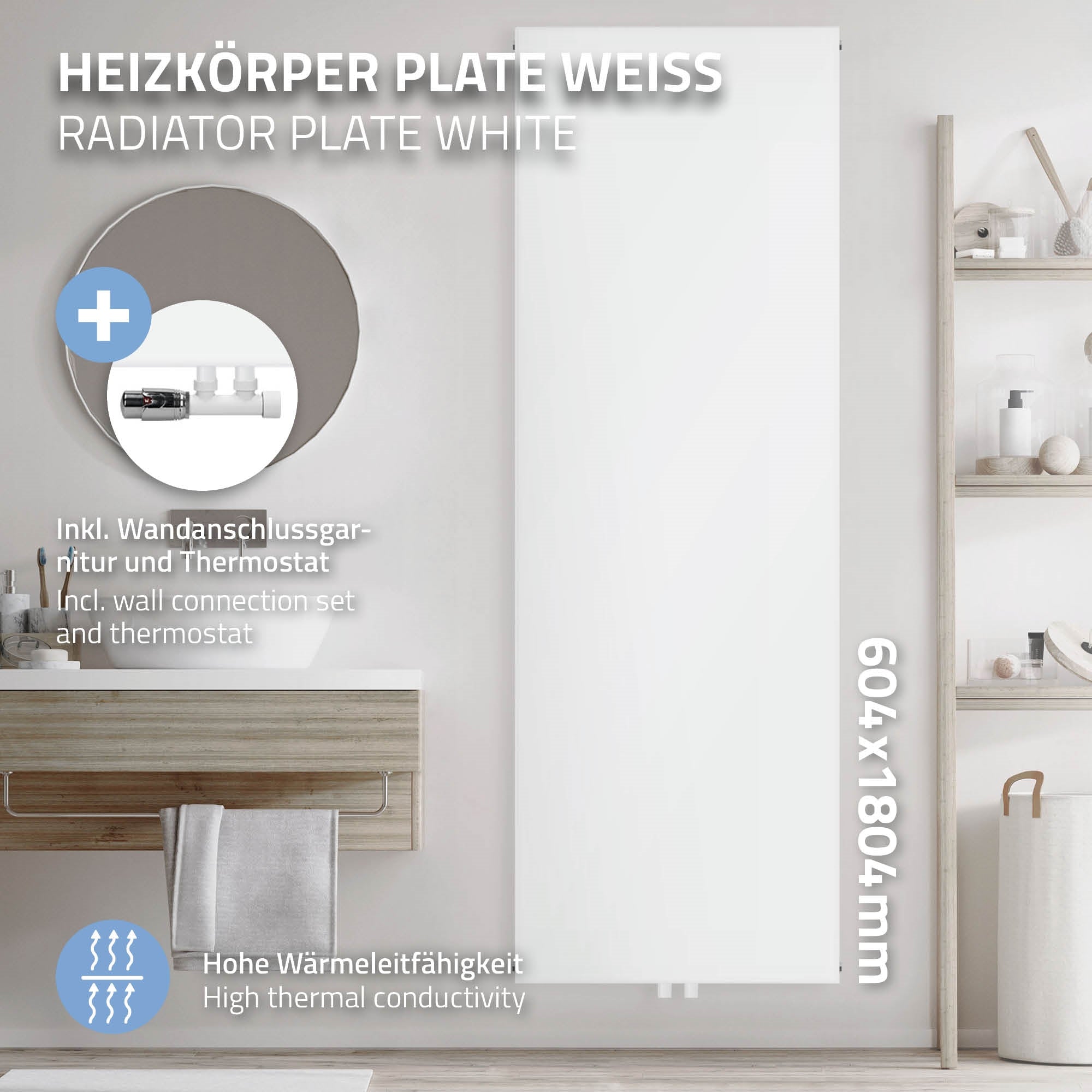 Witte radiator met wand aansluiting en thermostaat, 604x1804 mm.