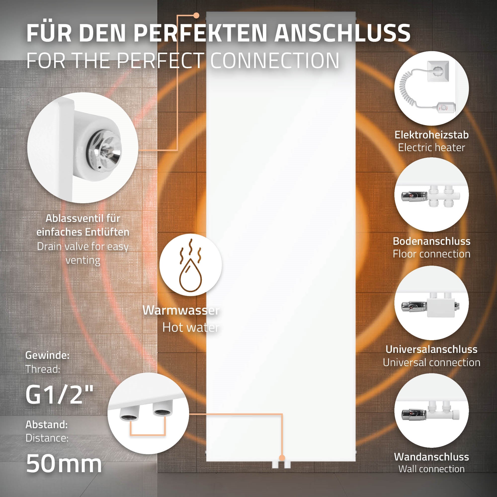 White radiator panel with connection details and installation diagram.