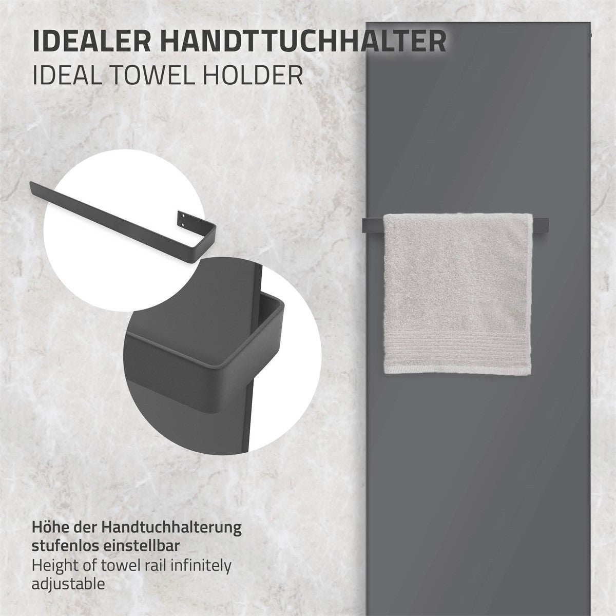 Handtuchhalter in Anthrazit mit Handtuch, stufenlos einstellbar.